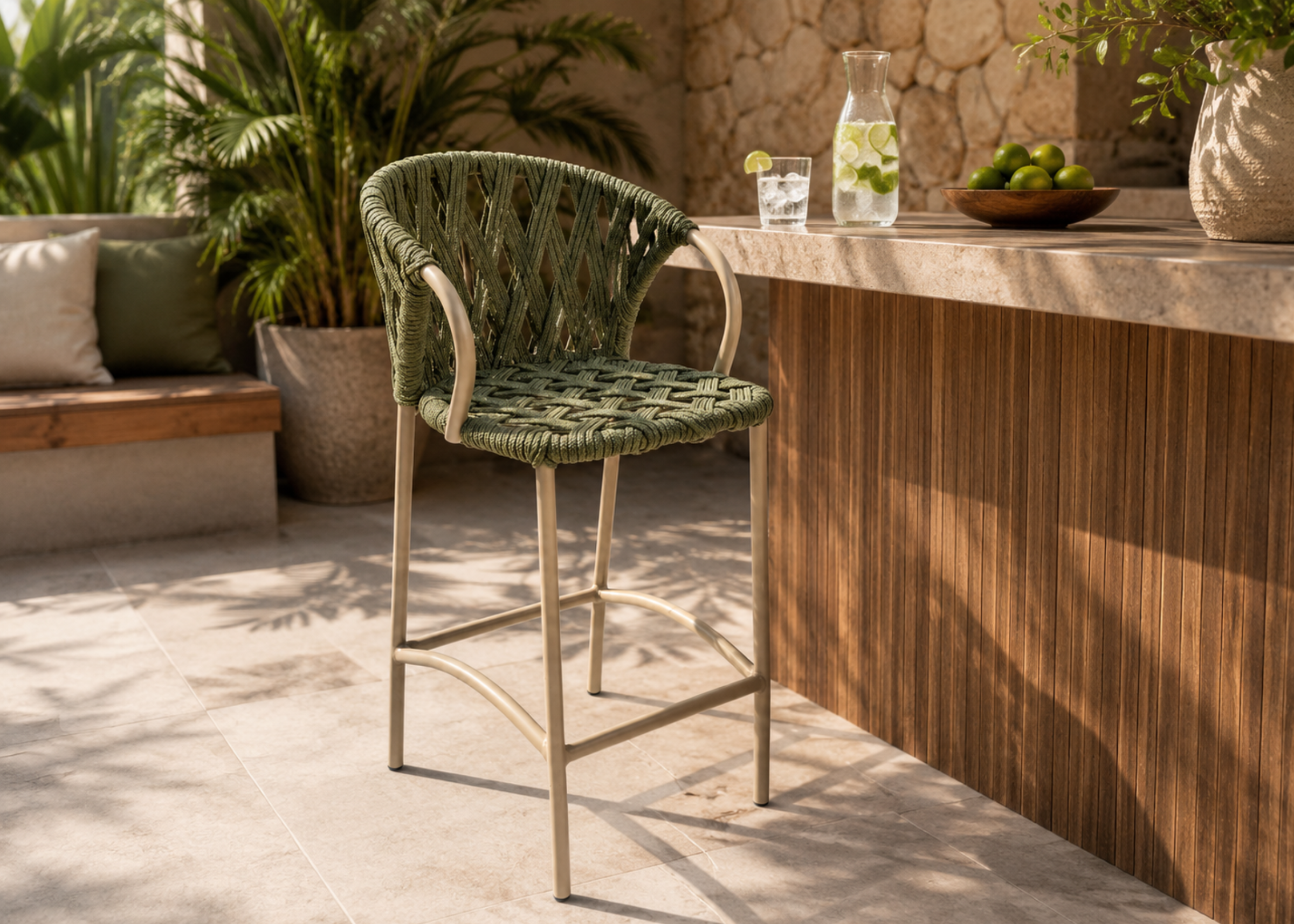 Banqueta para área externa modelo Manhattan com corda náutica e estrutura em alumínio pintado, apresentando design moderno e sofisticado, ideal para compor ambientes externos elegantes.
