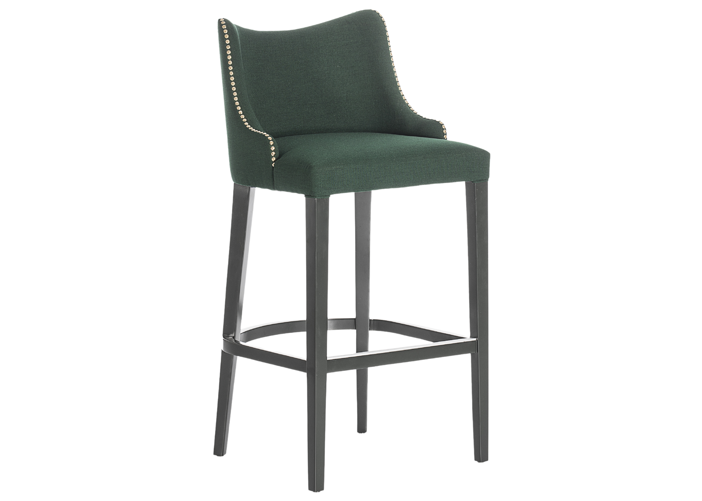 Banqueta de madeira estofada modelo Elis, revestida em linho verde com detalhe de tachas, design elegante e confortável, ideal para compor ambientes sofisticados.