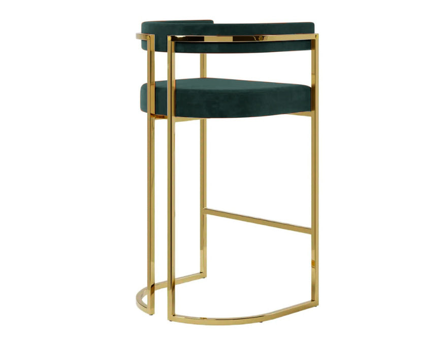 Banqueta Eldorado com estofado verde e base dourada em aço inox para cozinhas integradas modernas.