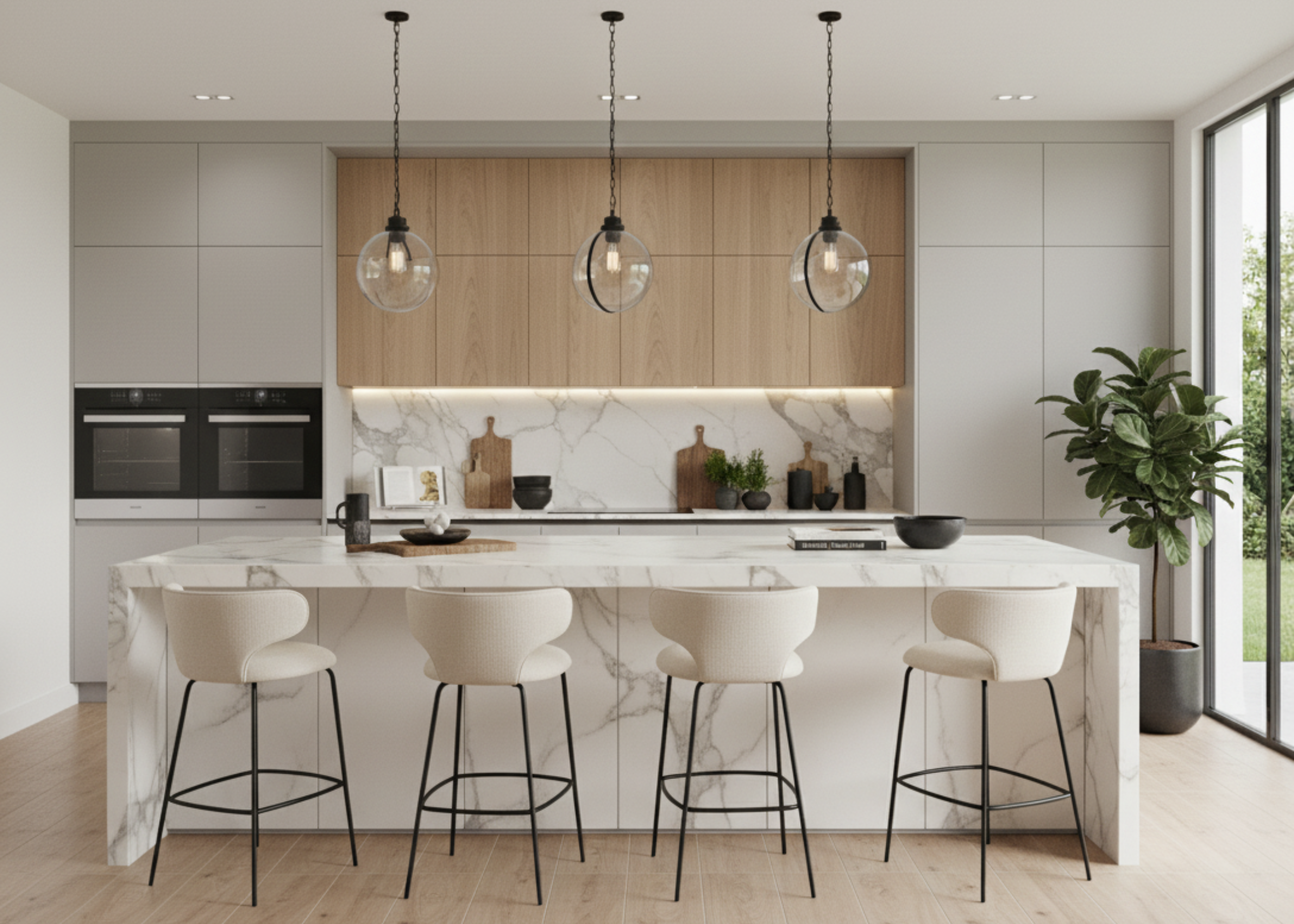 Banqueta Eleganza com revestimento em couríssimo branco, perfeita para criar um ambiente elegante e sofisticado, unindo conforto e design refinado.