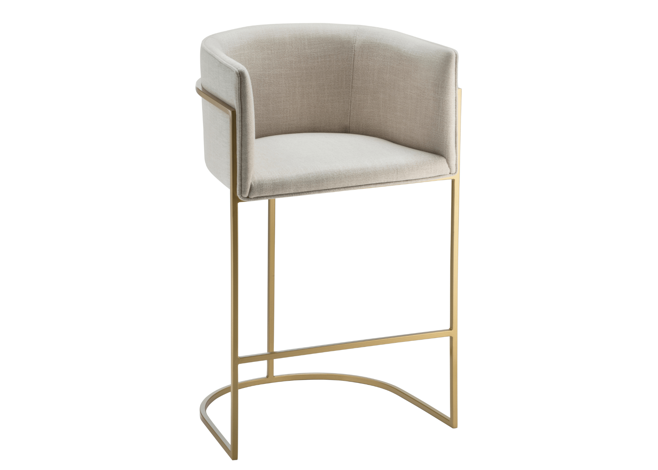 Banqueta estofada Maria com base dourada e encosto curvo para cozinha gourmet.