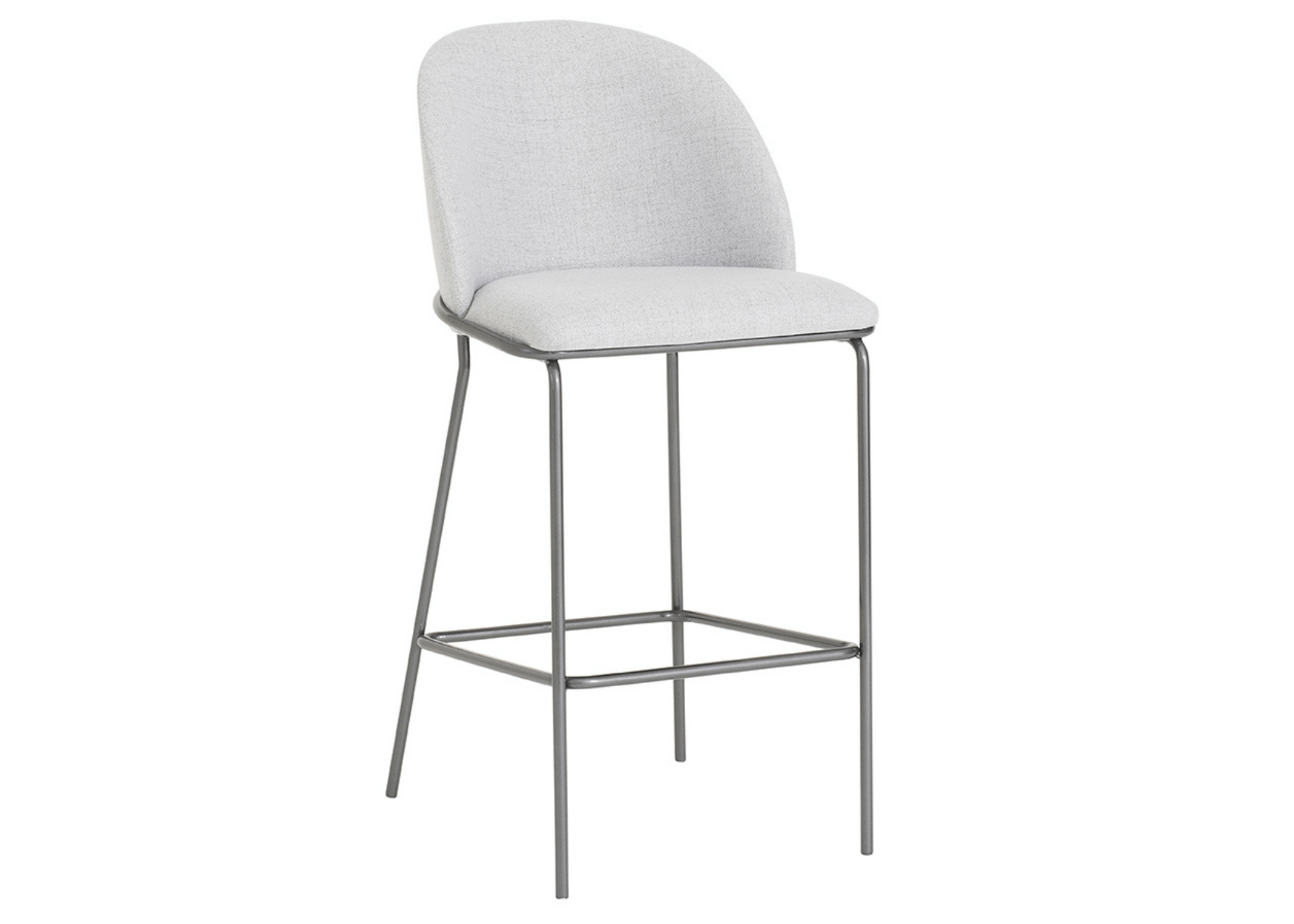 Banqueta estofada moderna em linho bouclé com base em aço inox pintado.