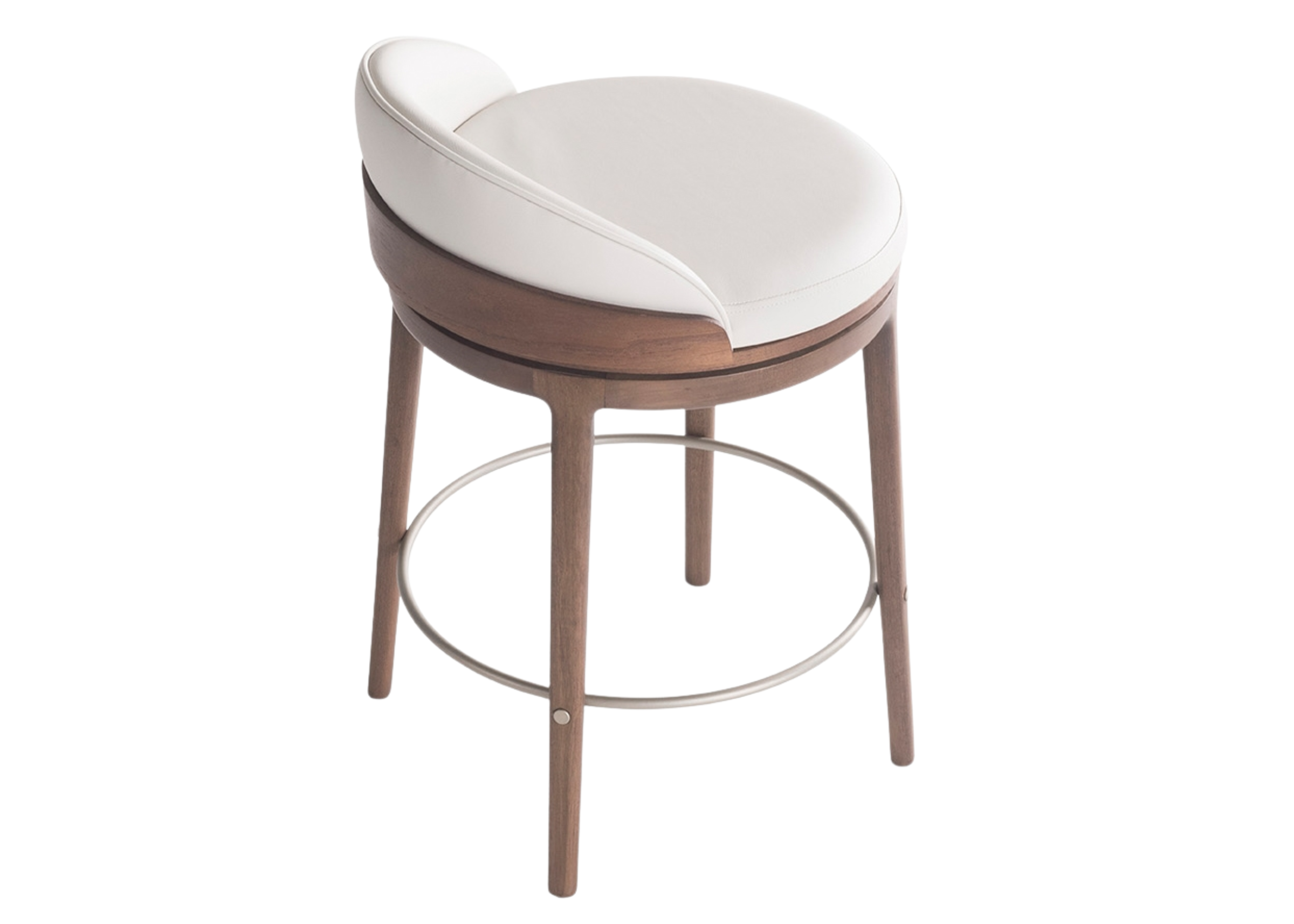 Banqueta Giratória Aveline com base em madeira tauari, apresentando design elegante e confortável, ideal para compor ambientes modernos e sofisticados.