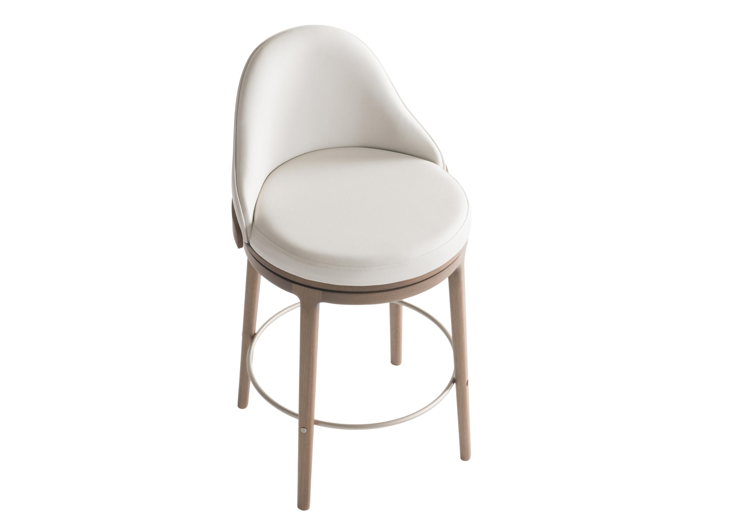 Banqueta giratória Aveline I com visual imponente e apoio para os pés em aço carbono, apresentando design elegante e sofisticado, ideal para compor ambientes modernos e refinados.