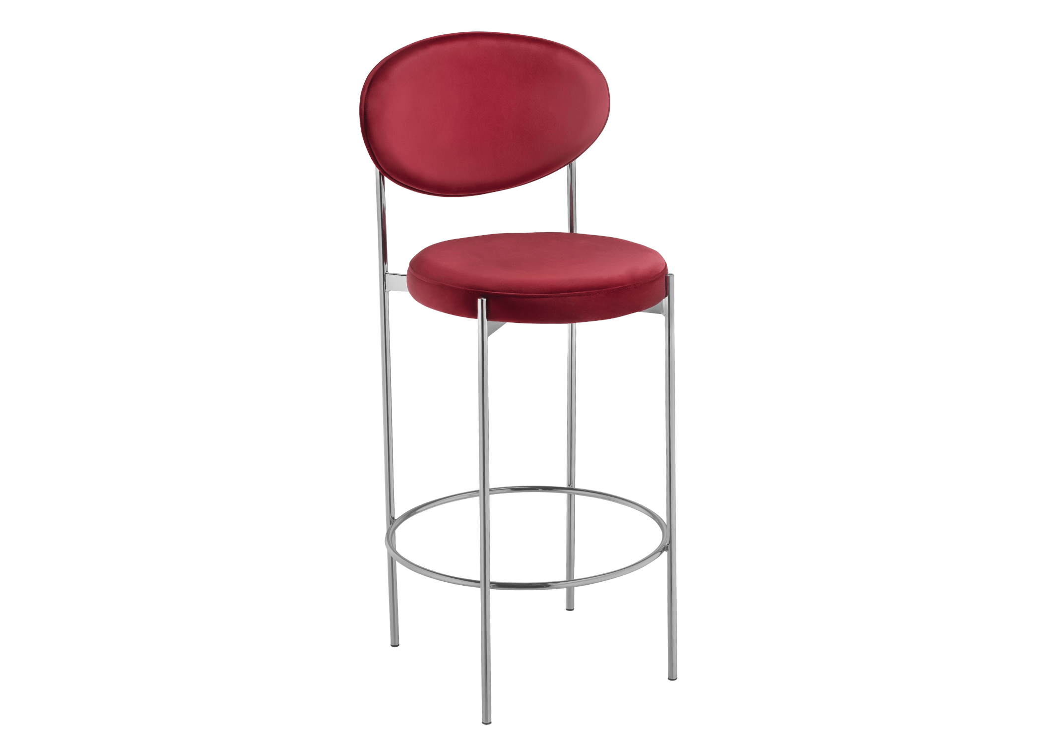 Banqueta Golf elegante, com assento revestido em tecido de veludo vermelho e base em aço cromado, unindo luxo e modernidade para compor ambientes sofisticados.