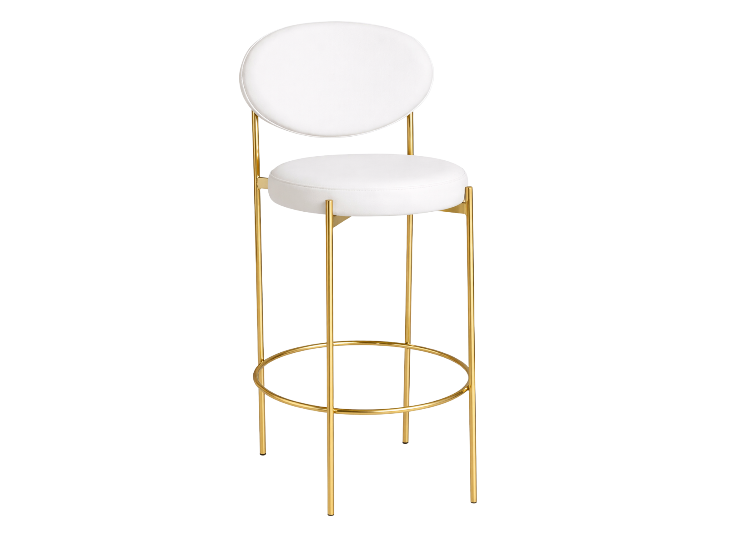 Banqueta Golf com revestimento branco e base dourada, apresentando design elegante e sofisticado, ideal para compor ambientes modernos e refinados.