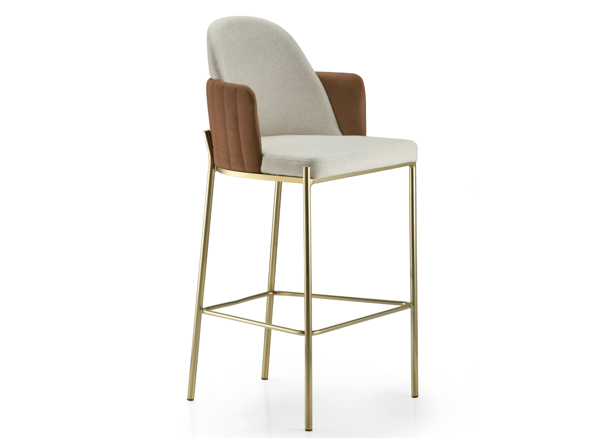 Banqueta Janette com revestimento em tecido boucle e detalhes nas costas que realçam seu design luxuoso e sofisticado.