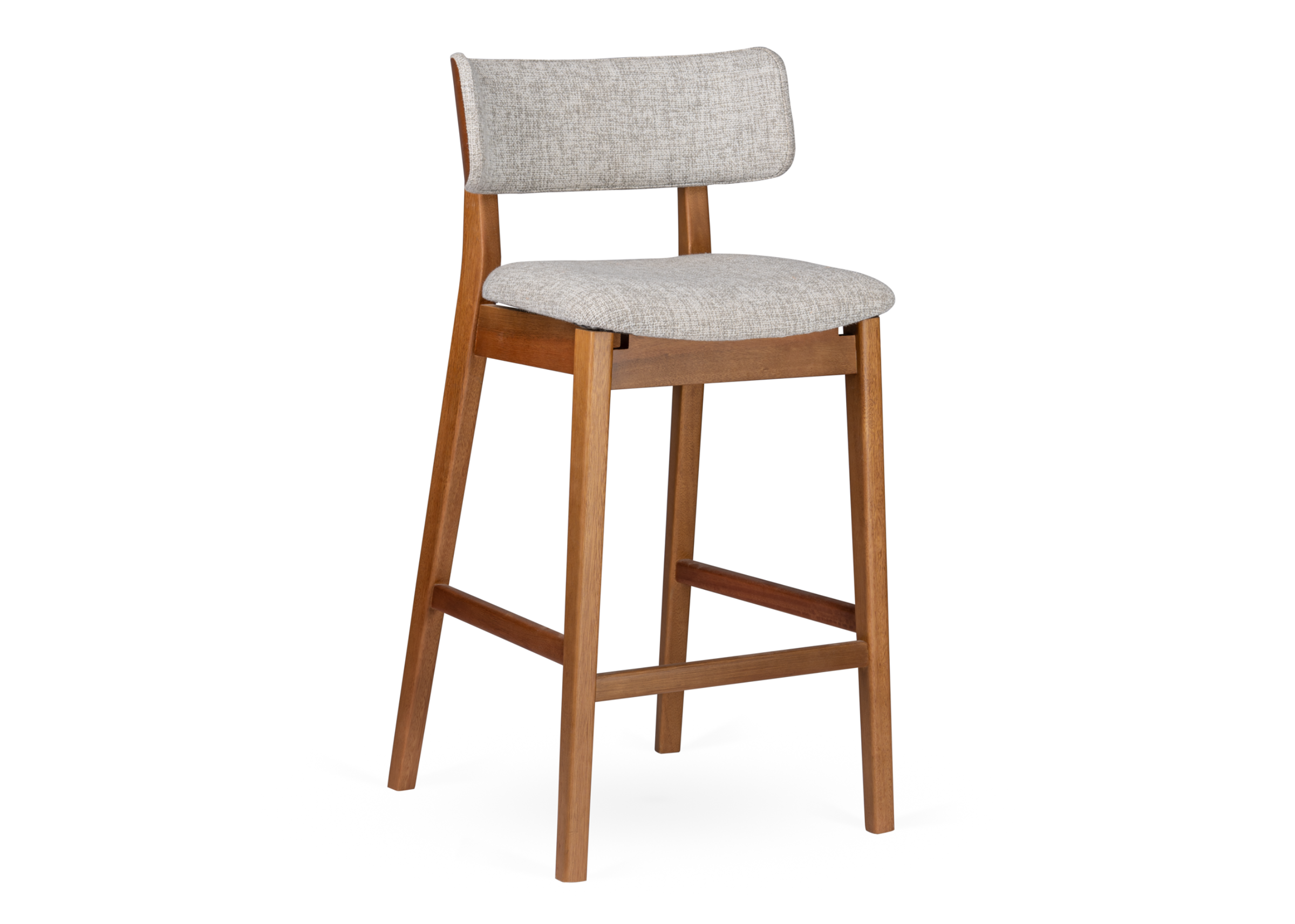 Banqueta Kenny com base em madeira e estofado em linho cinza, apresentando design elegante e sofisticado, ideal para compor ambientes modernos e refinados.