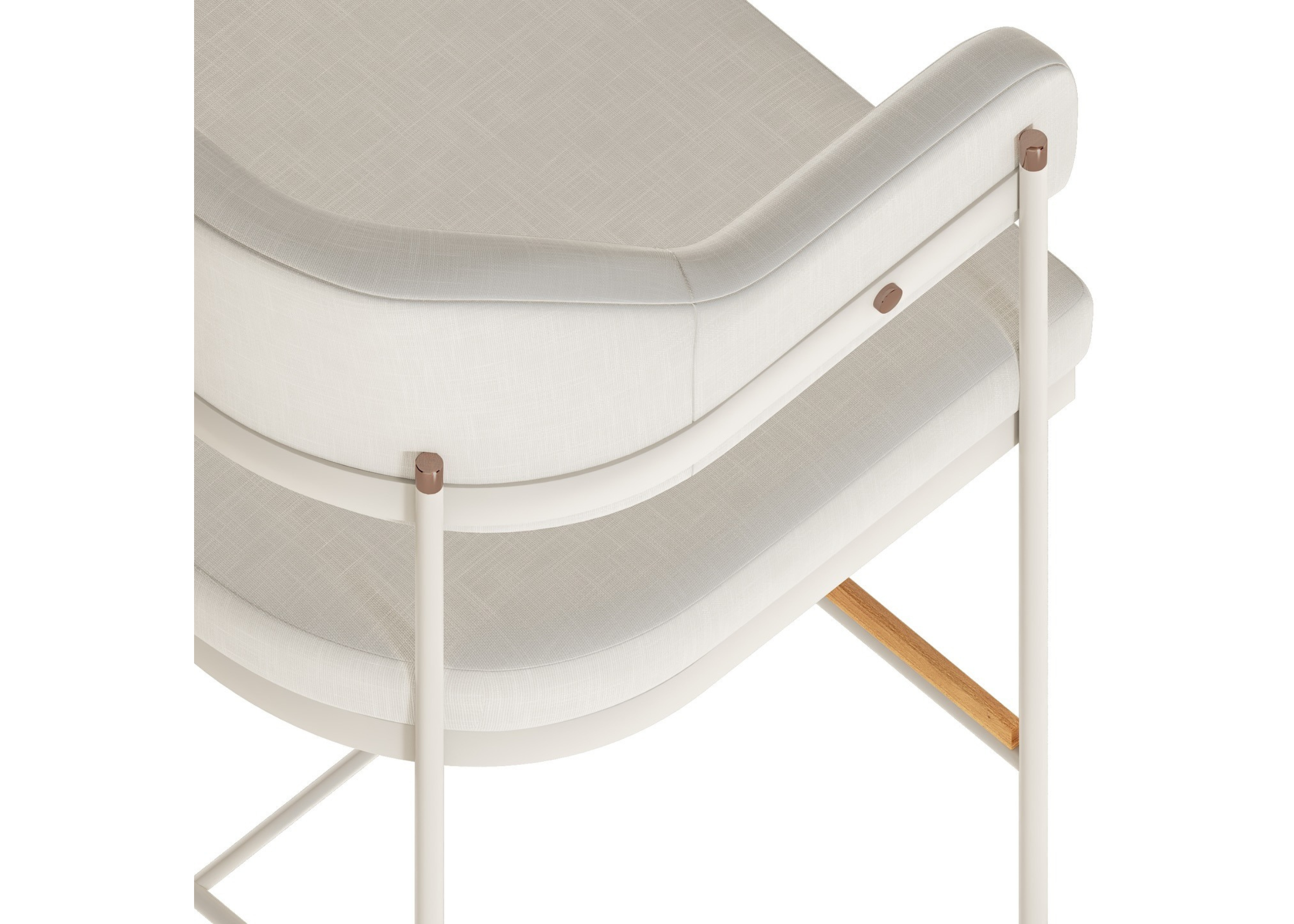 Banqueta com estrutura em laca branca, detalhes em madeira e assento em tecido branco. Design equilibrado e elegante, ideal para ambientes contemporâneos, apresentada sobre fundo neutro.