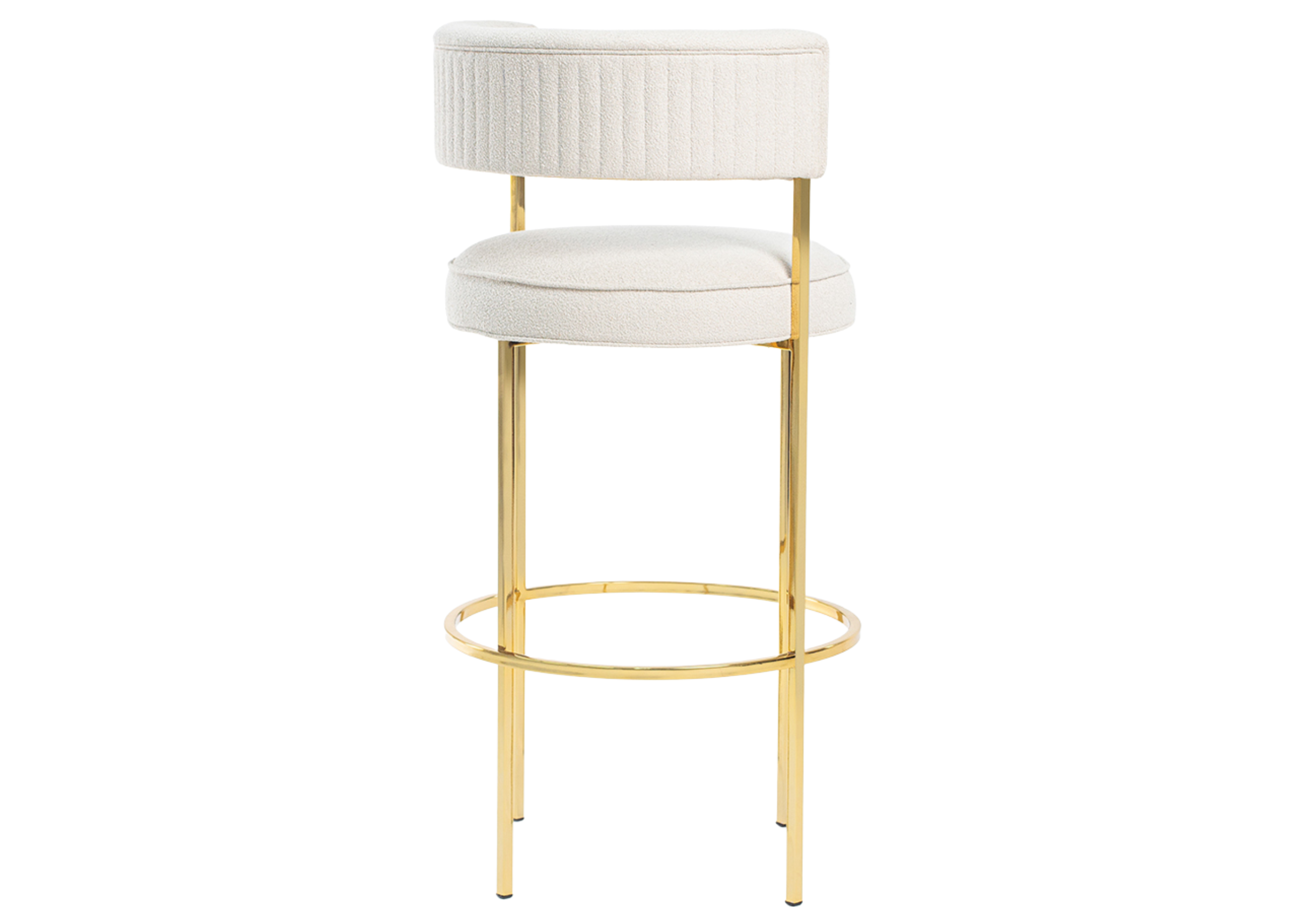 Banqueta modelo Liane com assento em tecido bouclé off-white e estrutura metálica. Design moderno e aconchegante, ideal para ambientes elegantes, apresentada sobre fundo neutro.