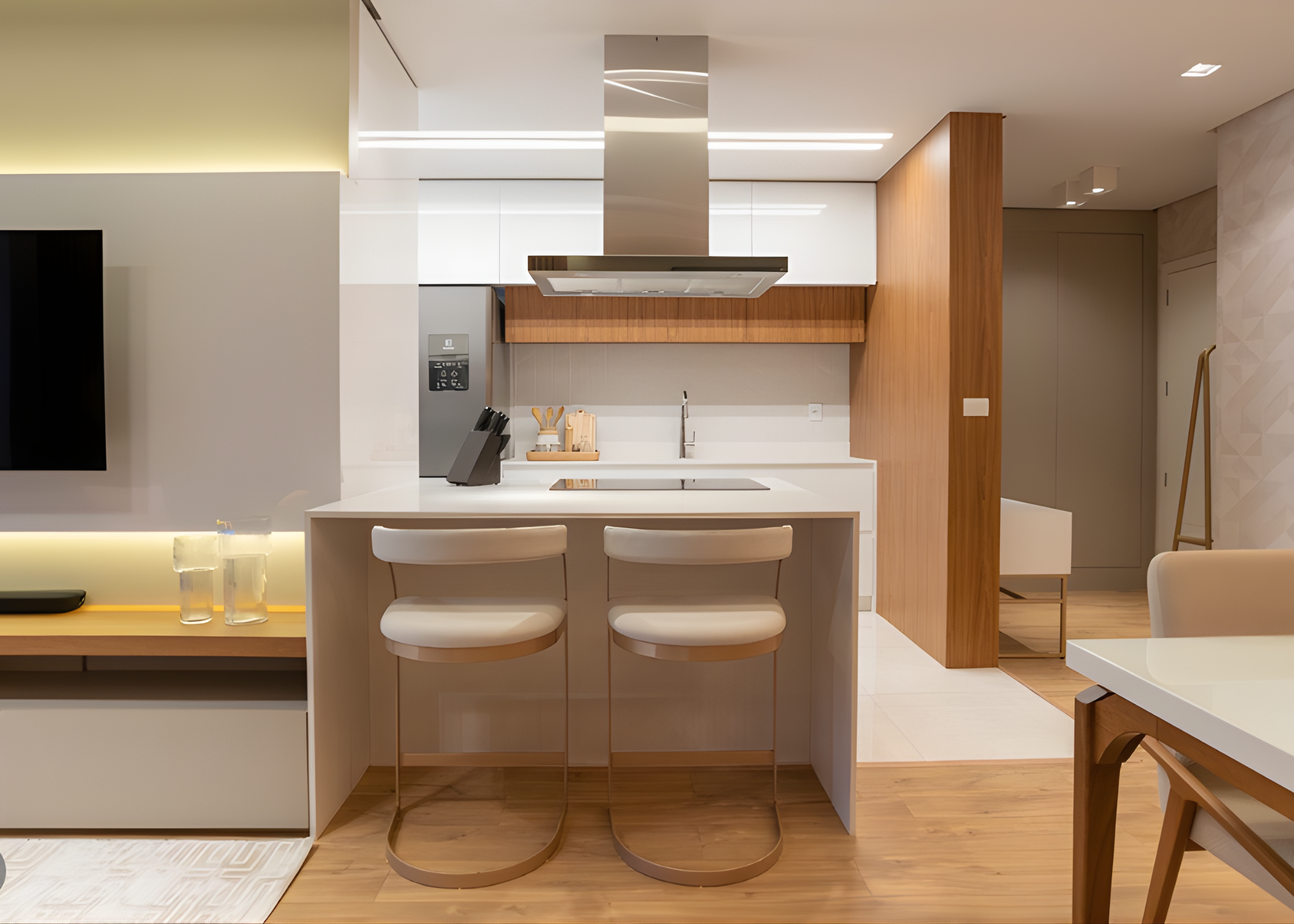 Banqueta Lidi para bancada moderna com estrutura em aço carbono, apresentando design elegante e funcional, ideal para compor ambientes contemporâneos e sofisticados.