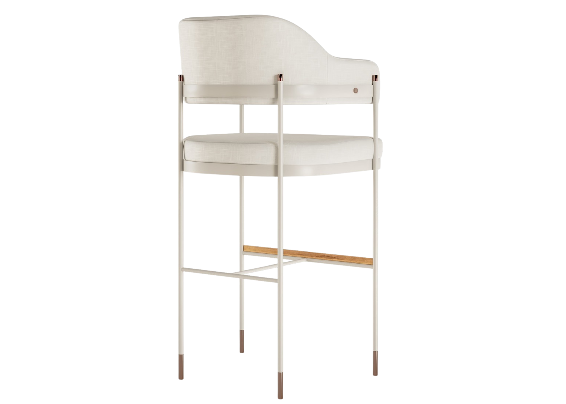 Banqueta luxuosa na cor branca com detalhe em madeira natural. Peça sofisticada e moderna, ideal para composições refinadas, apresentada sobre fundo neutro.