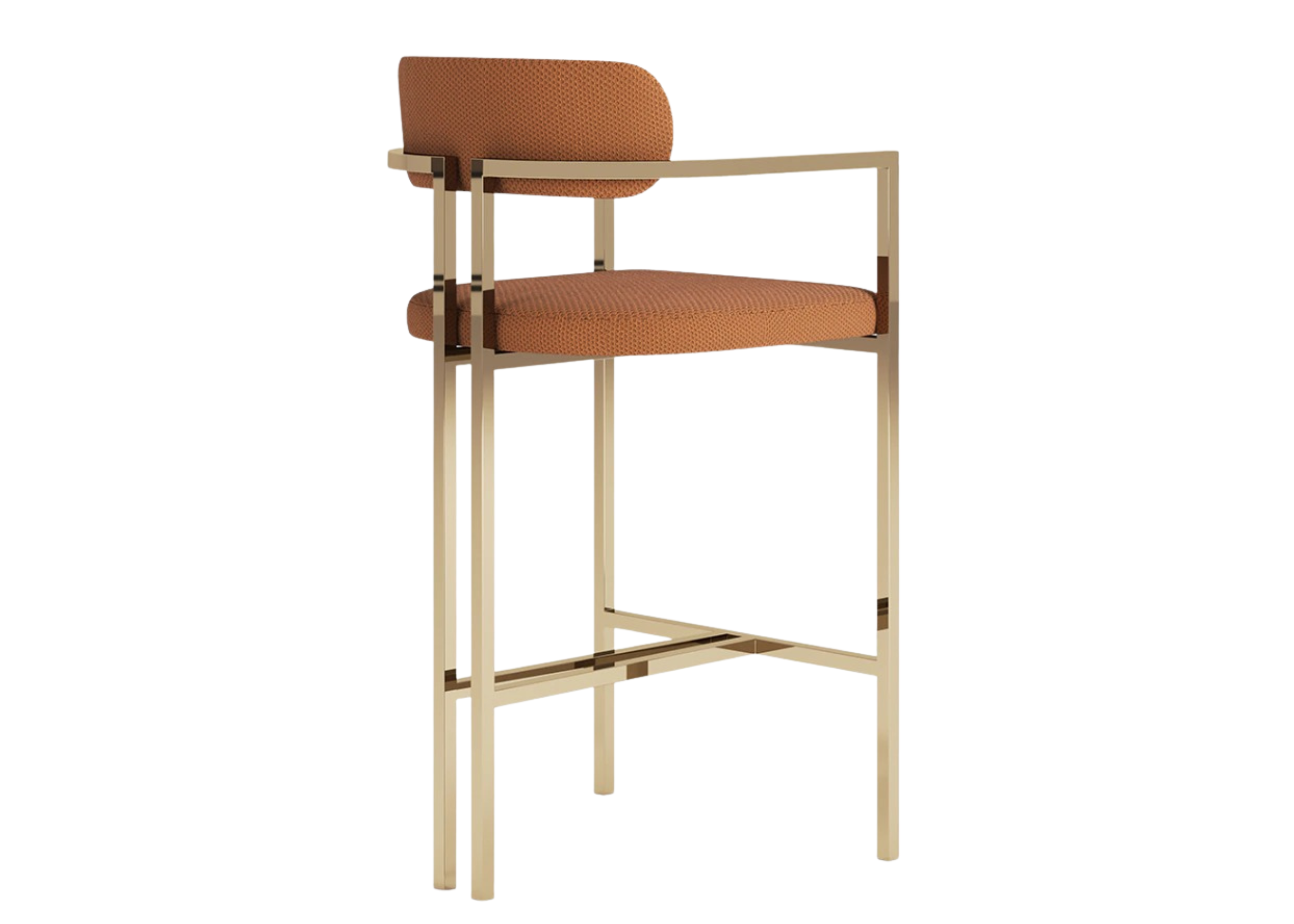 Banqueta luxuosa para cozinha, com estrutura em inox 304 dourado, modelo Vogue, trazendo elegância e estilo para o ambiente.