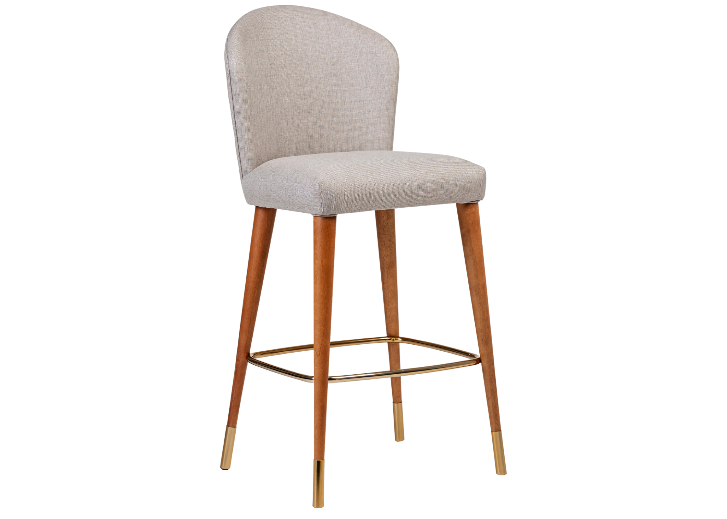Banqueta Meggie com base em lâmina de madeira e detalhe golden, estofada em linho off-white. Peça refinada para cozinhas gourmet ou bancadas elegantes.