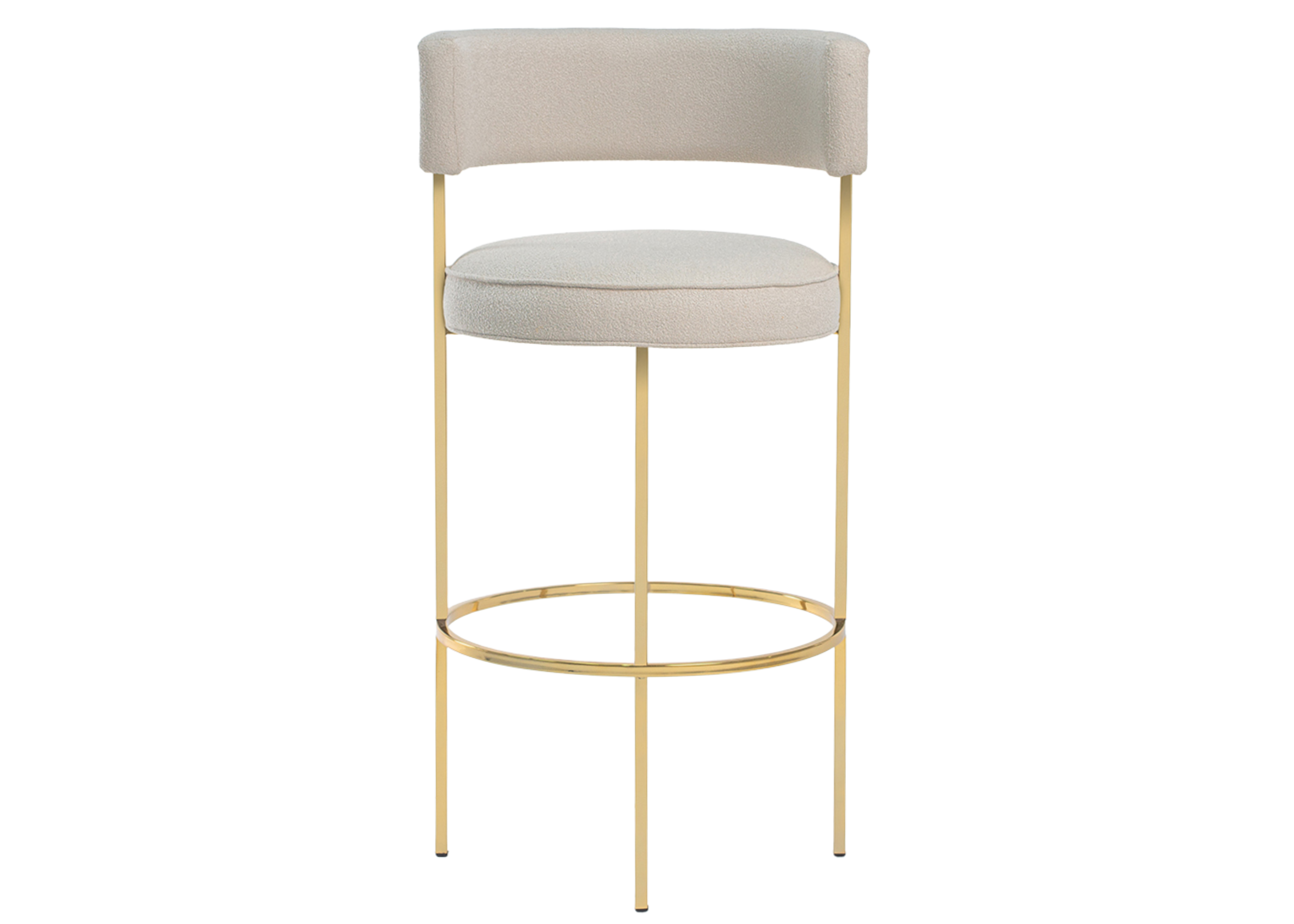 Banqueta modelo Liane com base dourada e assento em tecido off-white. Design contemporâneo e refinado, ideal para ambientes sofisticados, apresentada sobre fundo neutro.
