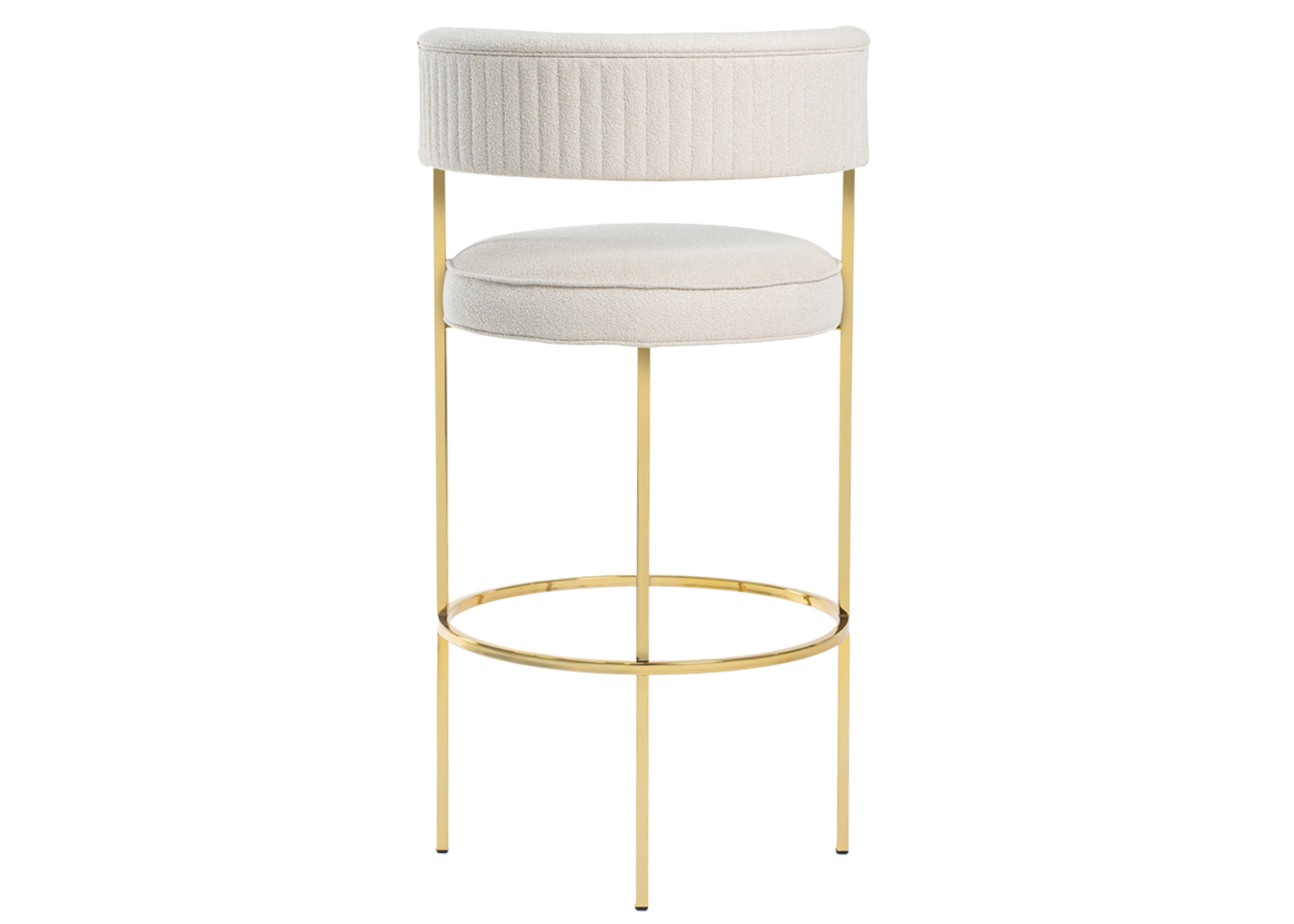 Banqueta moderna com base em inox dourado e assento estofado. Peça sofisticada e versátil, ideal para compor cozinhas ou áreas gourmet, apresentada sobre fundo neutro.
