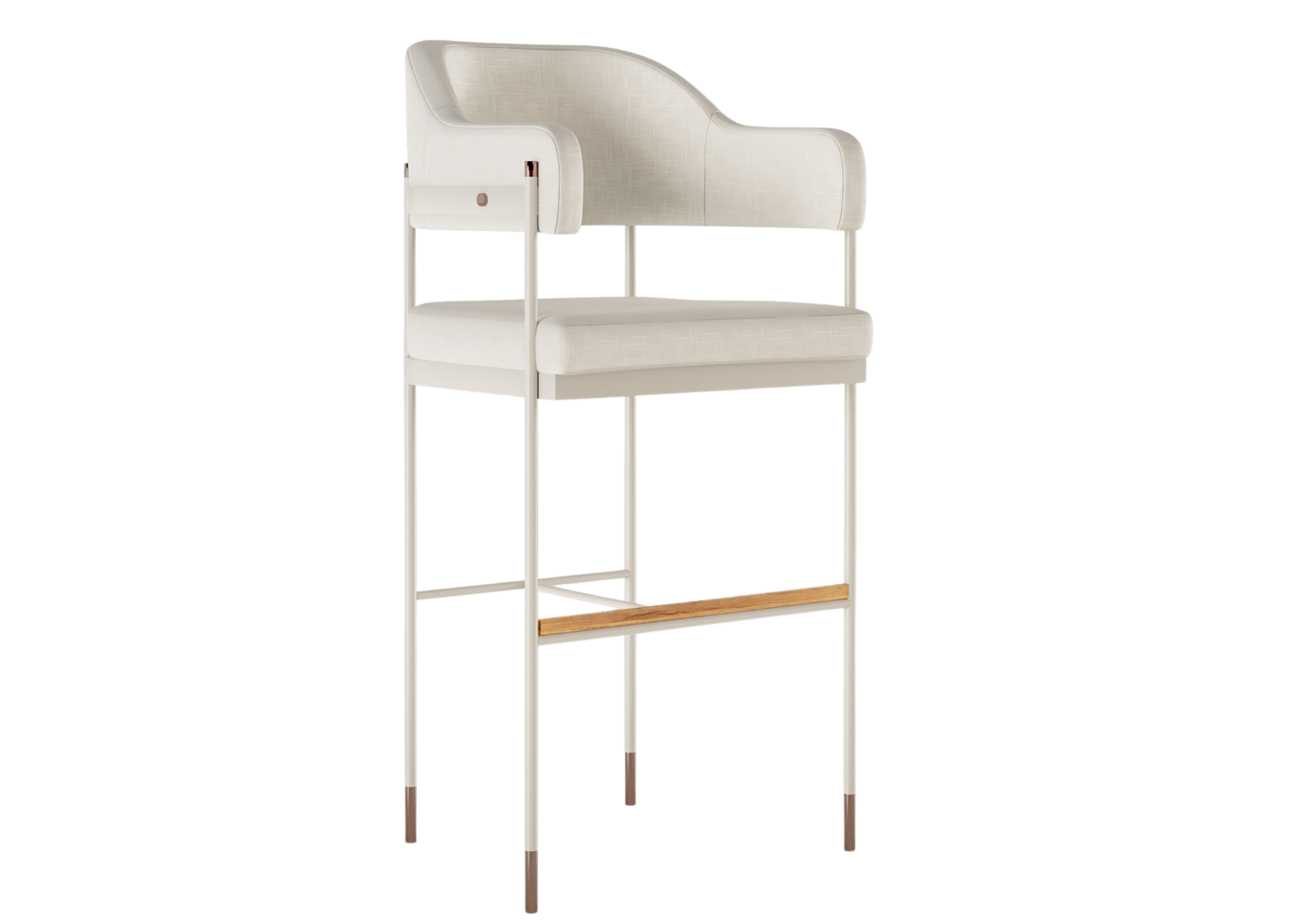 Banqueta modelo Sense com base em laca branca e assento estofado. Design clean e contemporâneo, ideal para ambientes elegantes, apresentada sobre fundo neutro.
