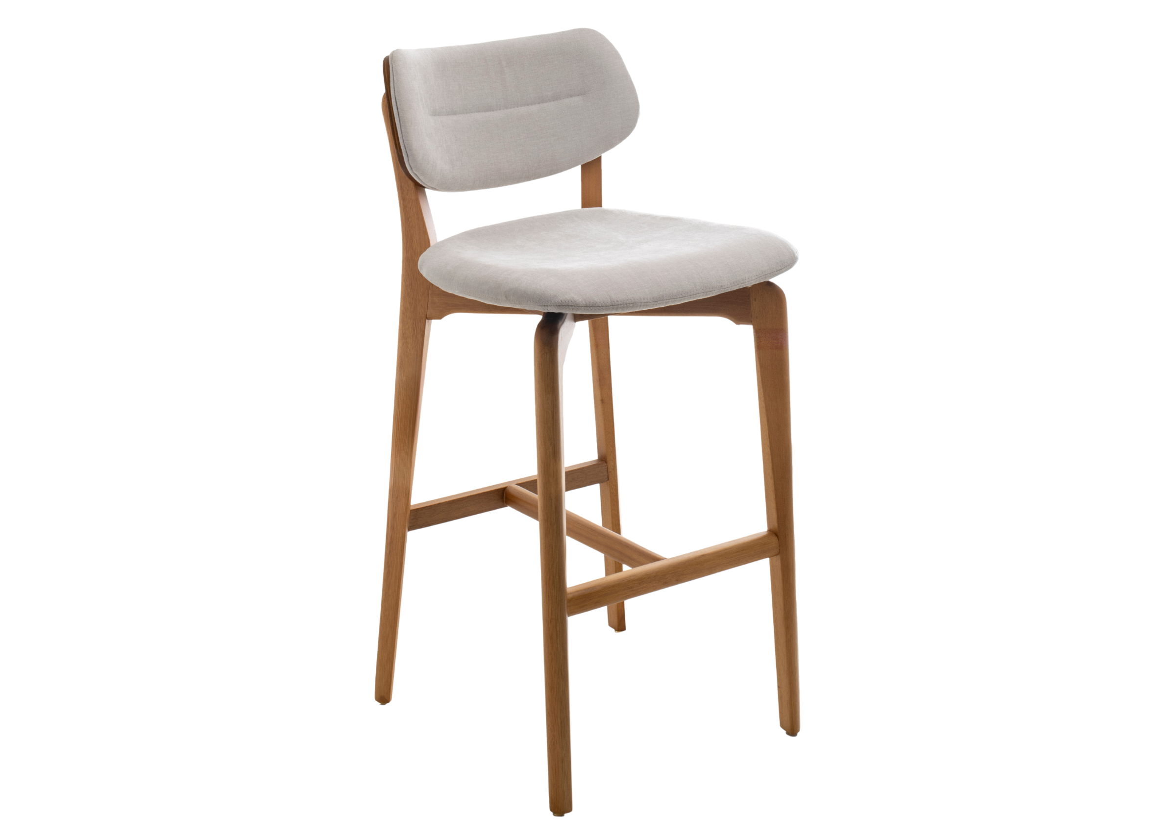 Banqueta Shell com base em madeira mel e encosto curvo estofado, design moderno que une conforto e elegância para compor ambientes sofisticados.