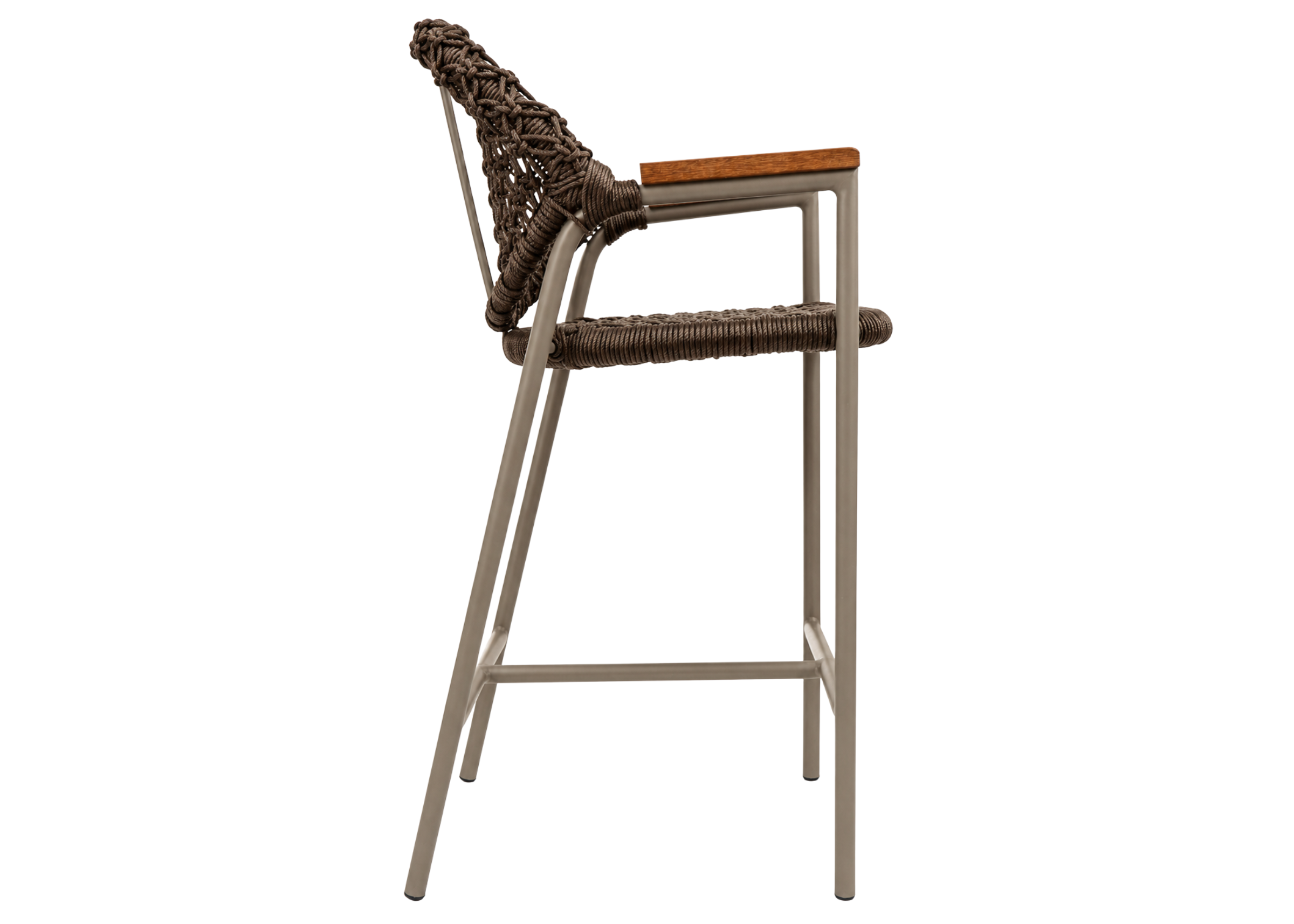 Banqueta Summer para área externa em alumínio com corda náutica e apoio em madeira cumaru, apresentando design elegante e confortável para varandas e áreas gourmet.