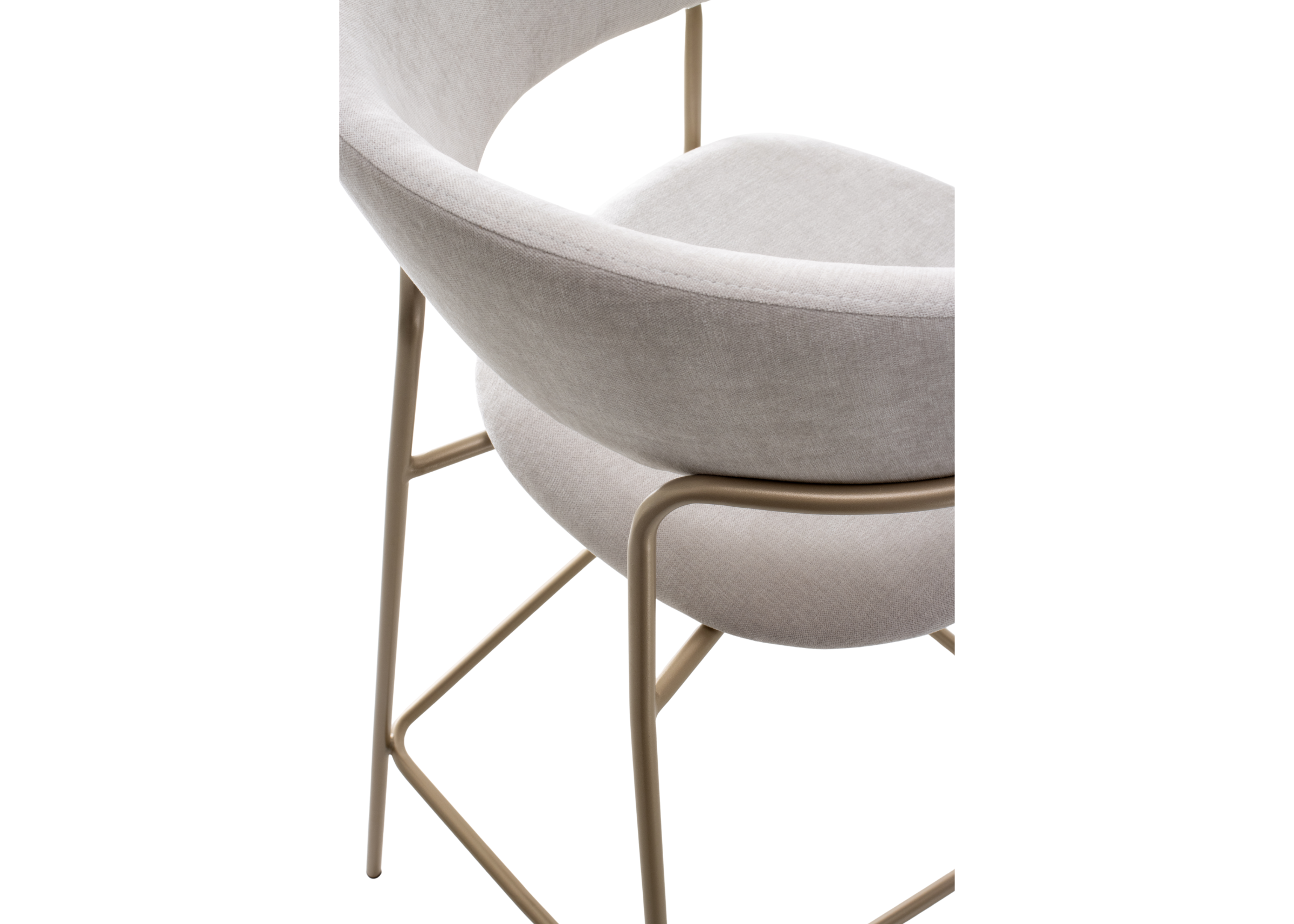 Banqueta Valen com base em aço carbono e encosto curvo revestido em tecido cinza, design moderno ideal para bancadas contemporâneas.