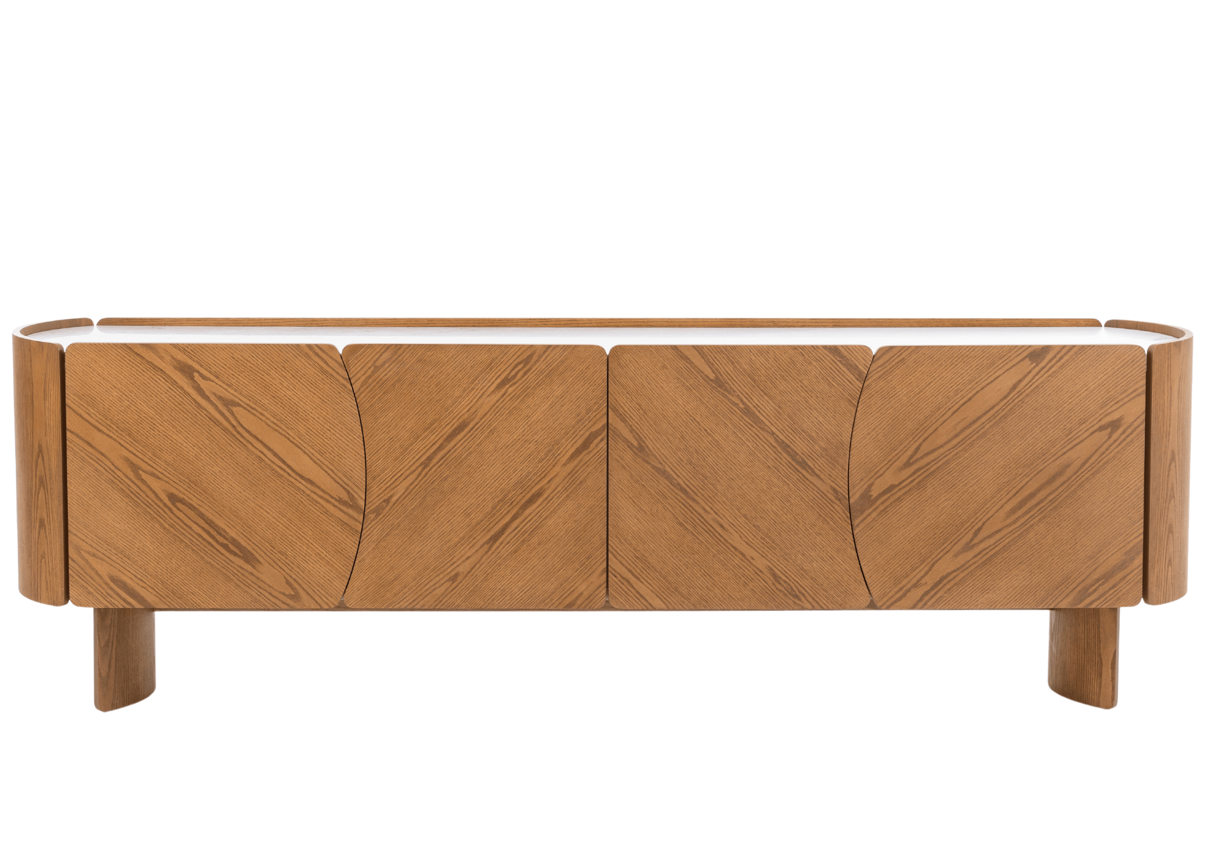 Buffet Alpi em mármore com estrutura em lâmina de madeira, design contemporâneo e portas com linhas geométricas.