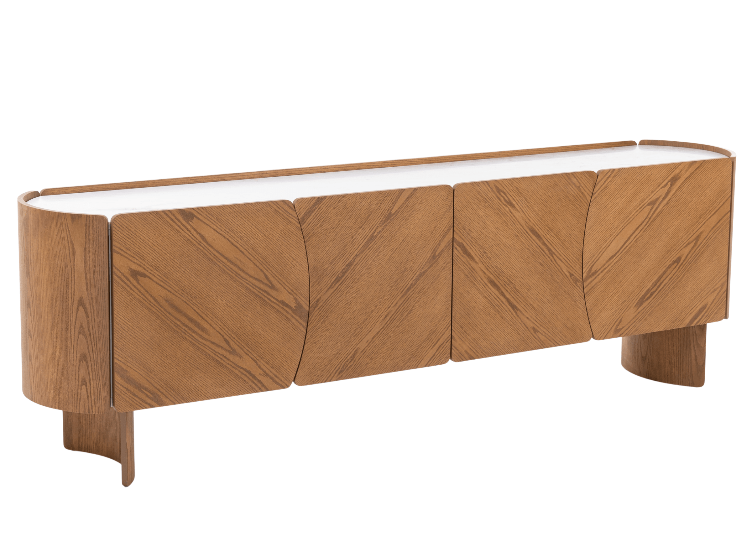 Vista lateral do Buffet Alpi em mármore, destacando o acabamento em madeira natural e tampo sofisticado.