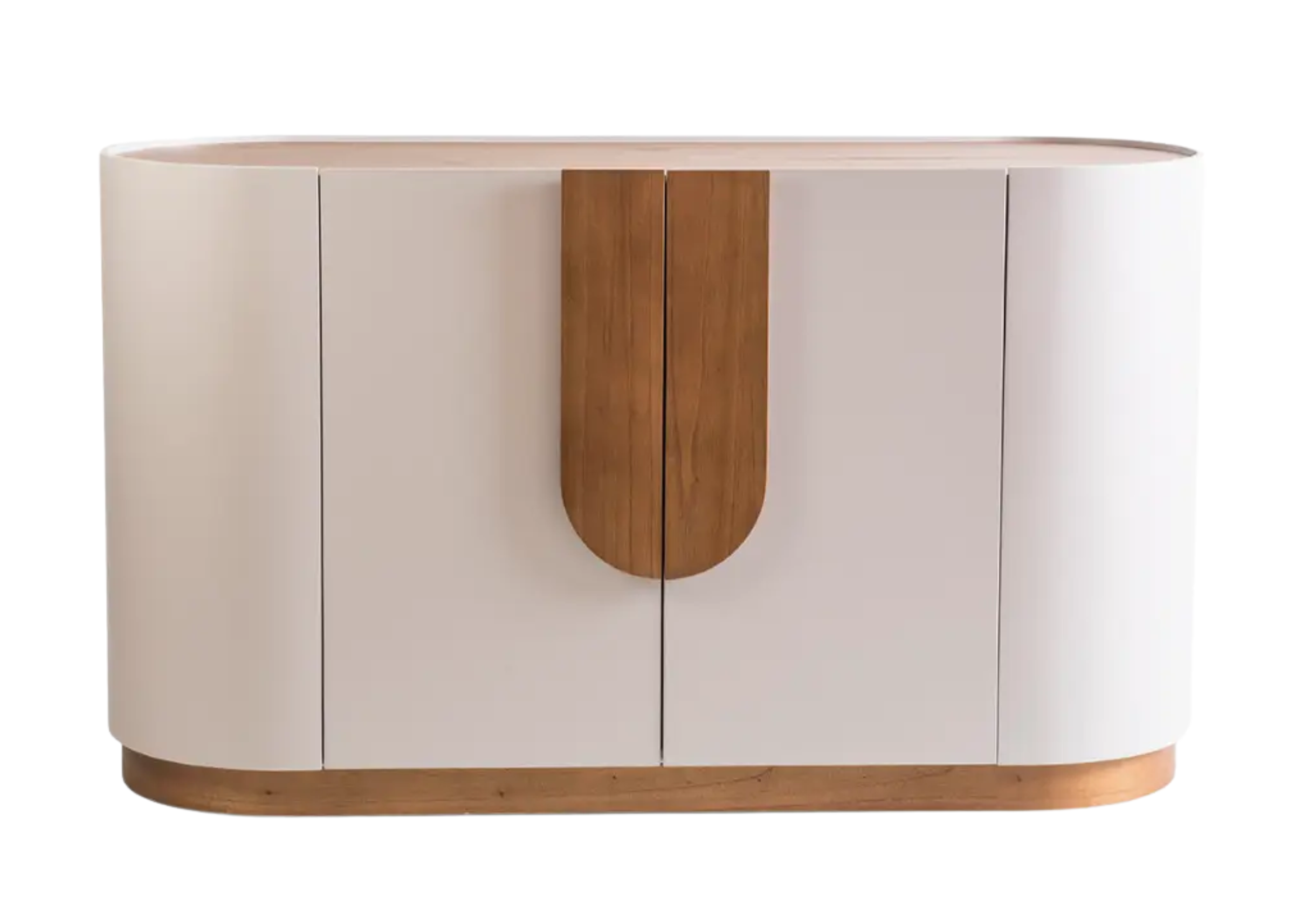 Buffet Chloe com duas portas, acabamento laqueado e detalhes em madeira, apresentando design elegante e sofisticado, ideal para compor ambientes modernos e refinados.