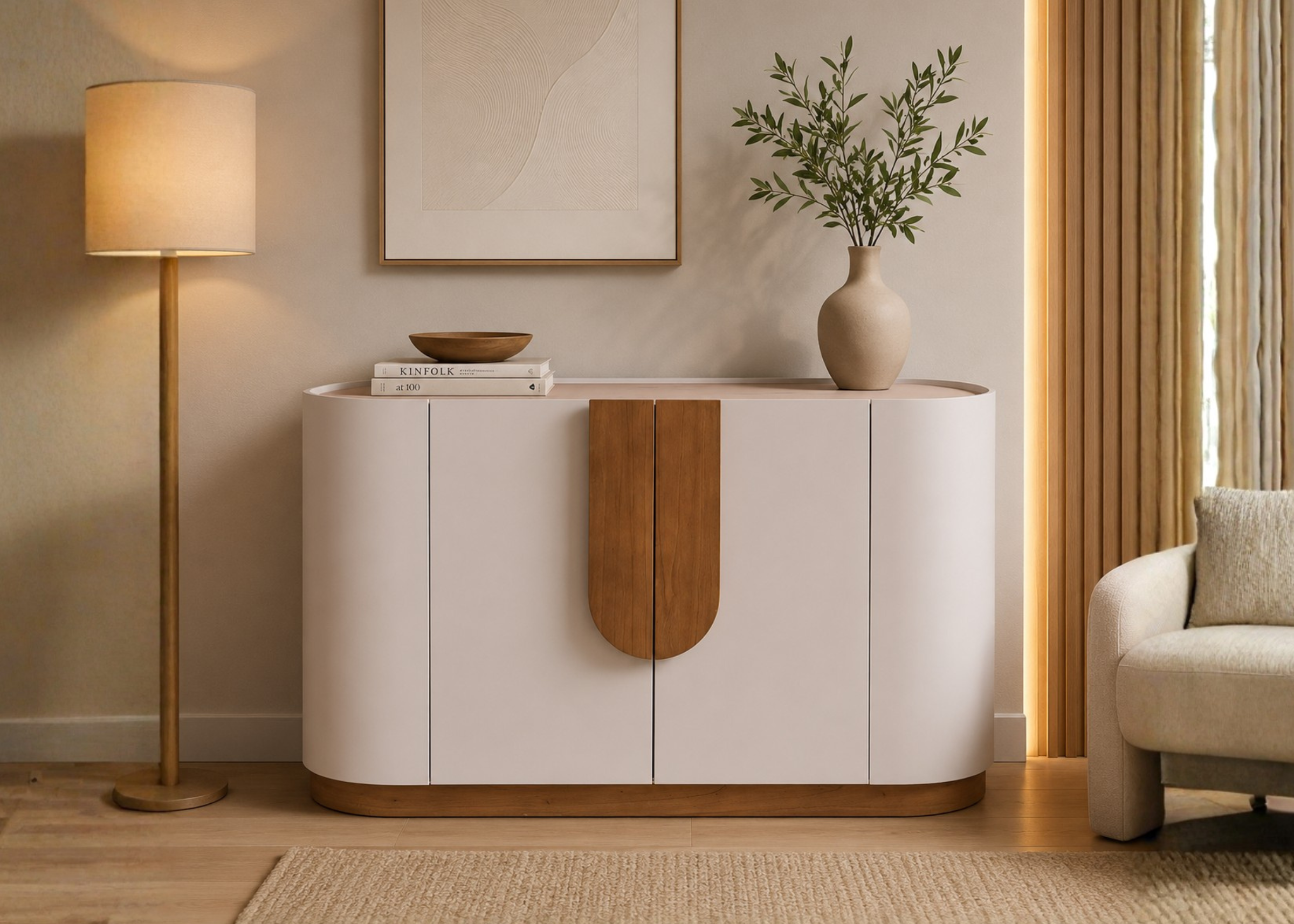 Buffet Chloe em sala de jantar elegante e sofisticada, apresentando design contemporâneo e refinado, ideal para compor ambientes modernos.