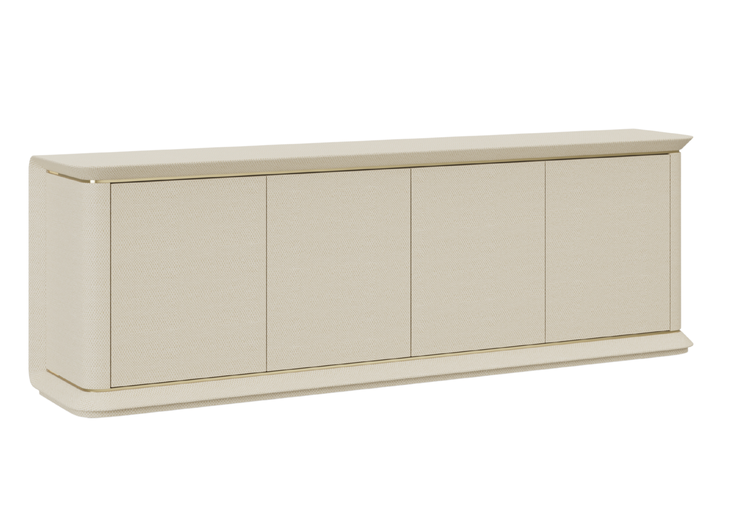 Buffet modelo Elara revestido em couro sintético com detalhe dourado. Design elegante e contemporâneo, ideal para ambientes sofisticados, apresentado sobre fundo neutro.
