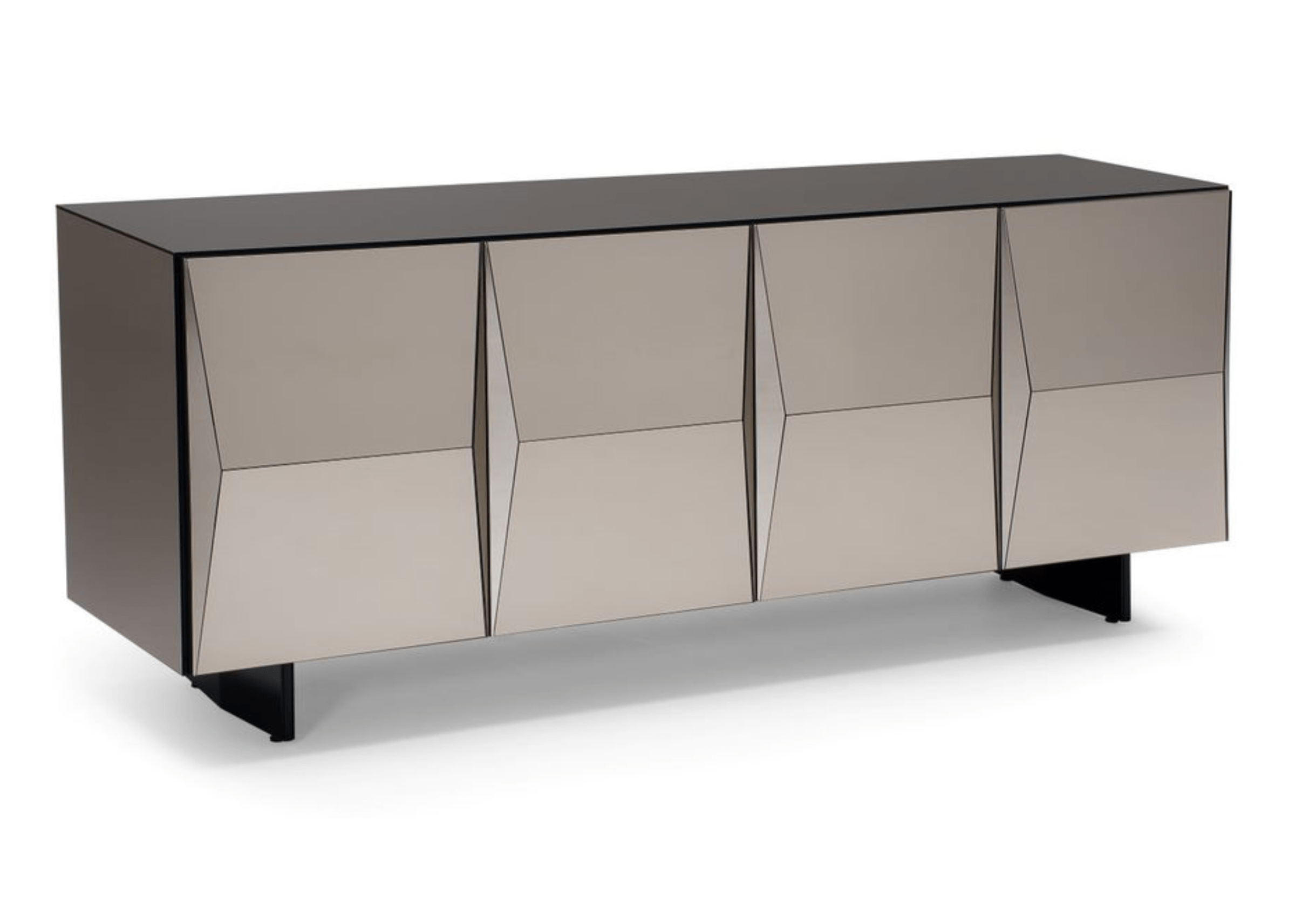 Buffet modelo Palazzo com acabamento espelhado bronze e tampo em laca cinza. Design moderno e sofisticado para salas de jantar elegantes.