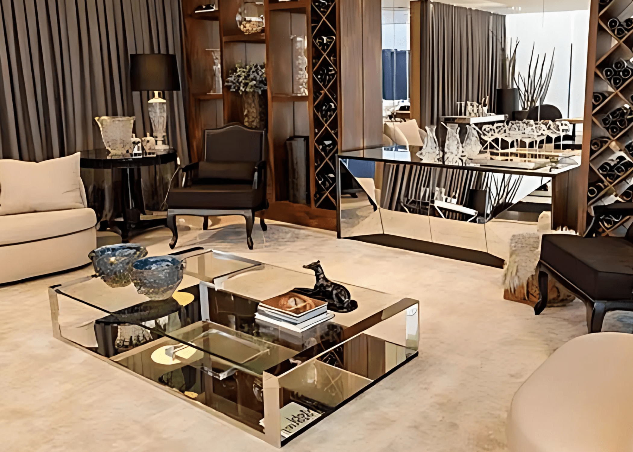 Buffet Firenzo espelhado ideal para sala de estar luxuosa com design sofisticado.