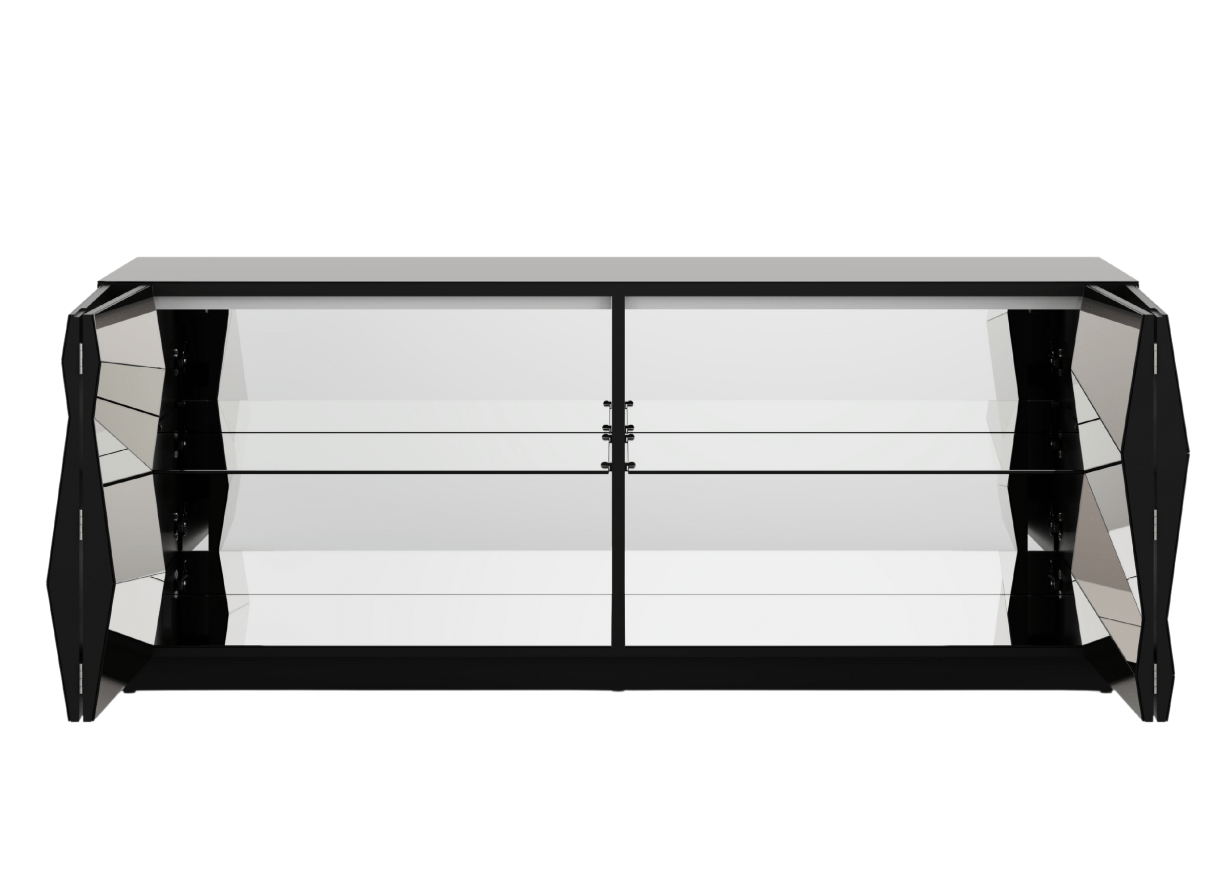 Buffet Olimpo espelhado com design sofisticado que valoriza a decoração do ambiente.