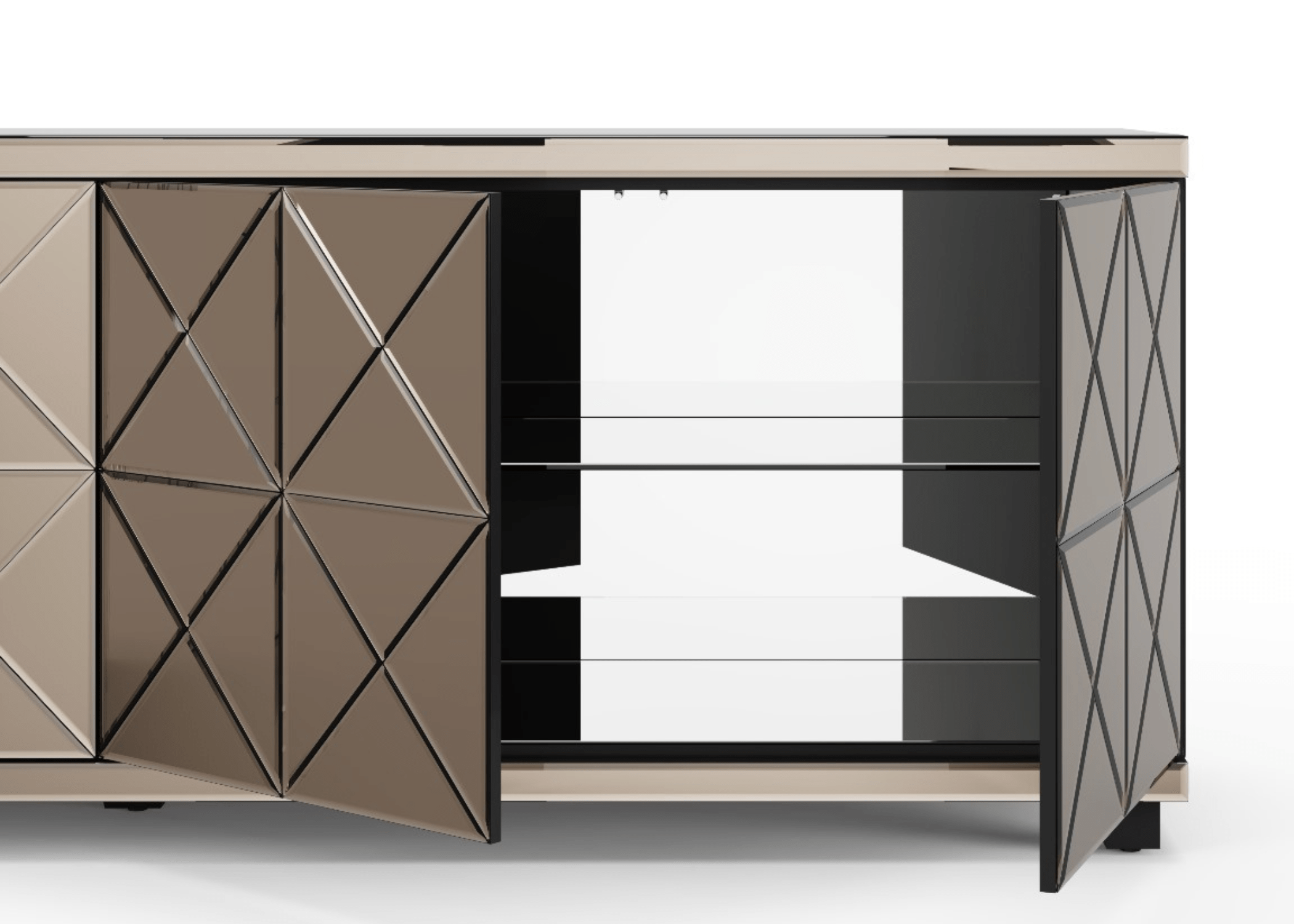 Buffet Opulence espelhado com detalhes sofisticados que valorizam o design e elevam a decoração do ambiente.