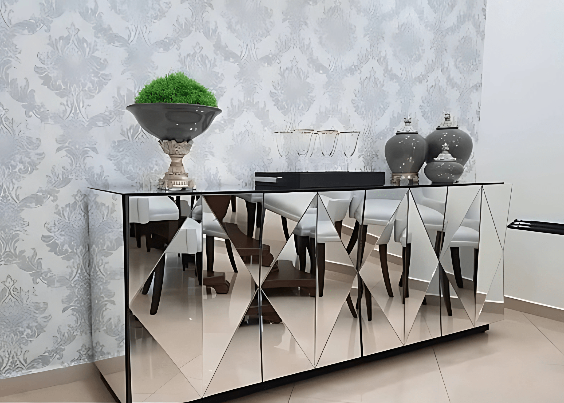 Buffet Versailles espelhado luxuoso, ideal para ambientes sofisticados e elegantes.