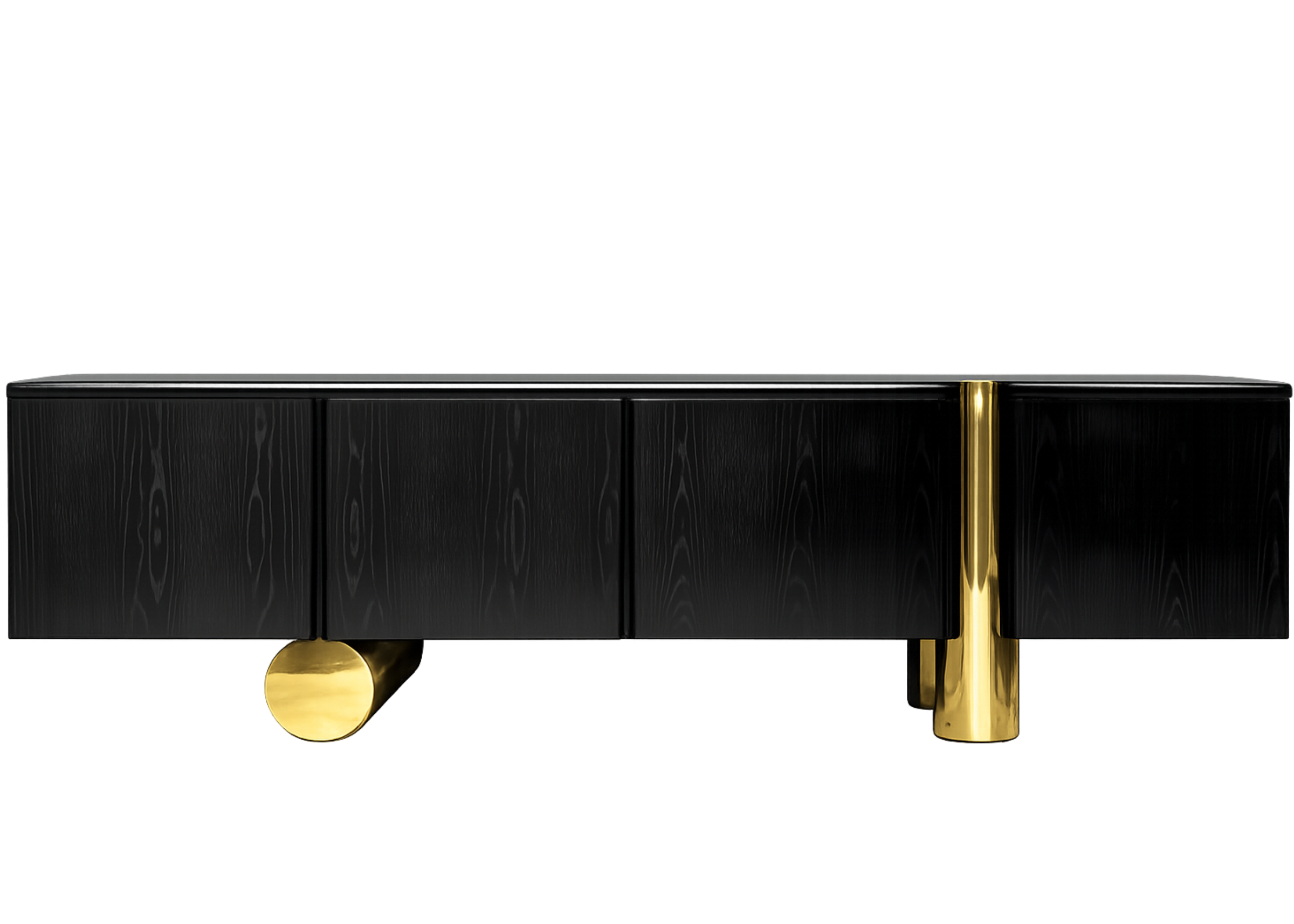 Buffet Heron com acabamento dourado e estrutura em carvalho preto, com design sofisticado ideal para salas de jantar e ambientes elegantes.