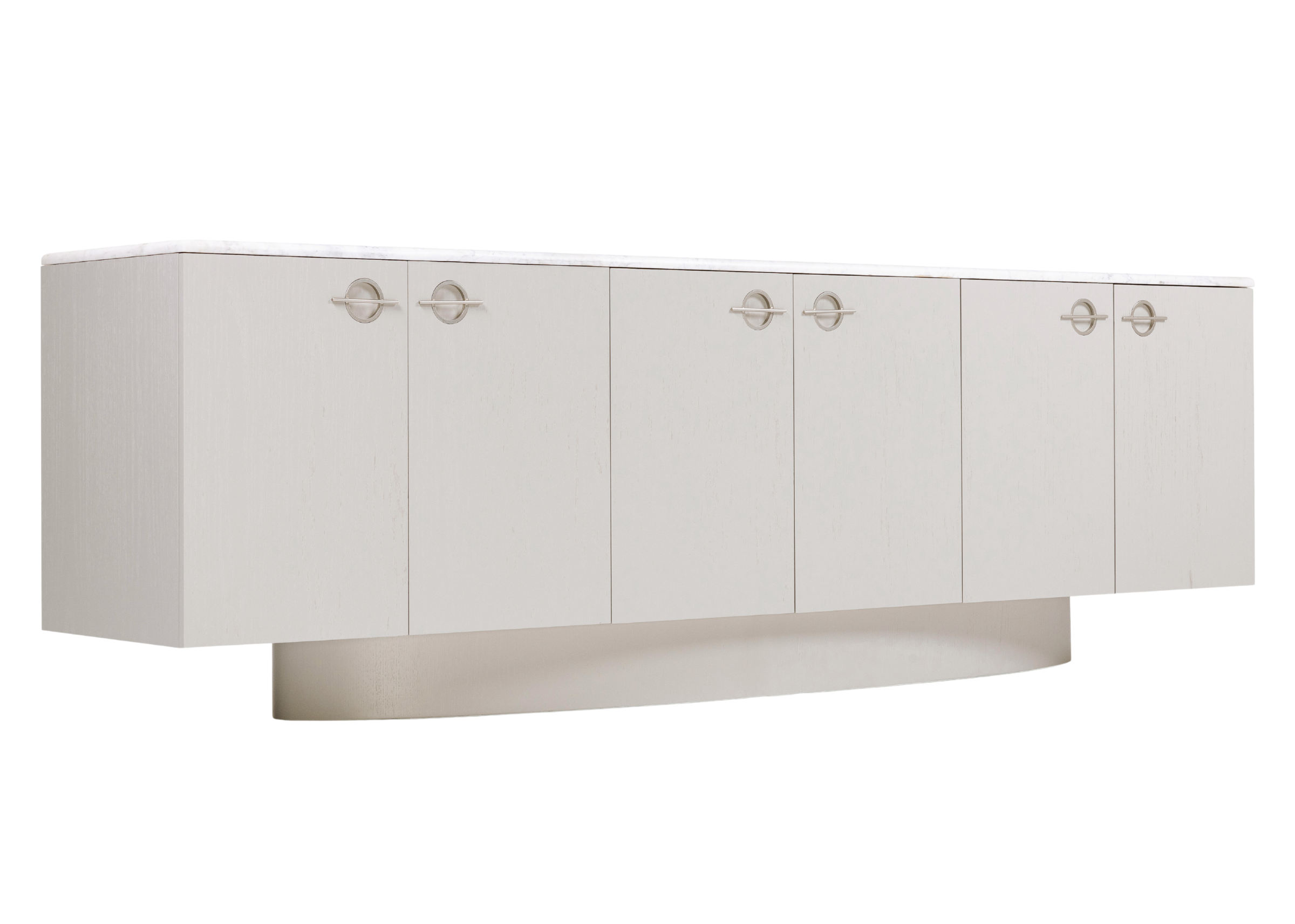 Buffet luxuoso com seis portas e tampo em mármore Calacata. Design imponente e contemporâneo, ideal para composições elegantes, apresentado sobre fundo neutro.