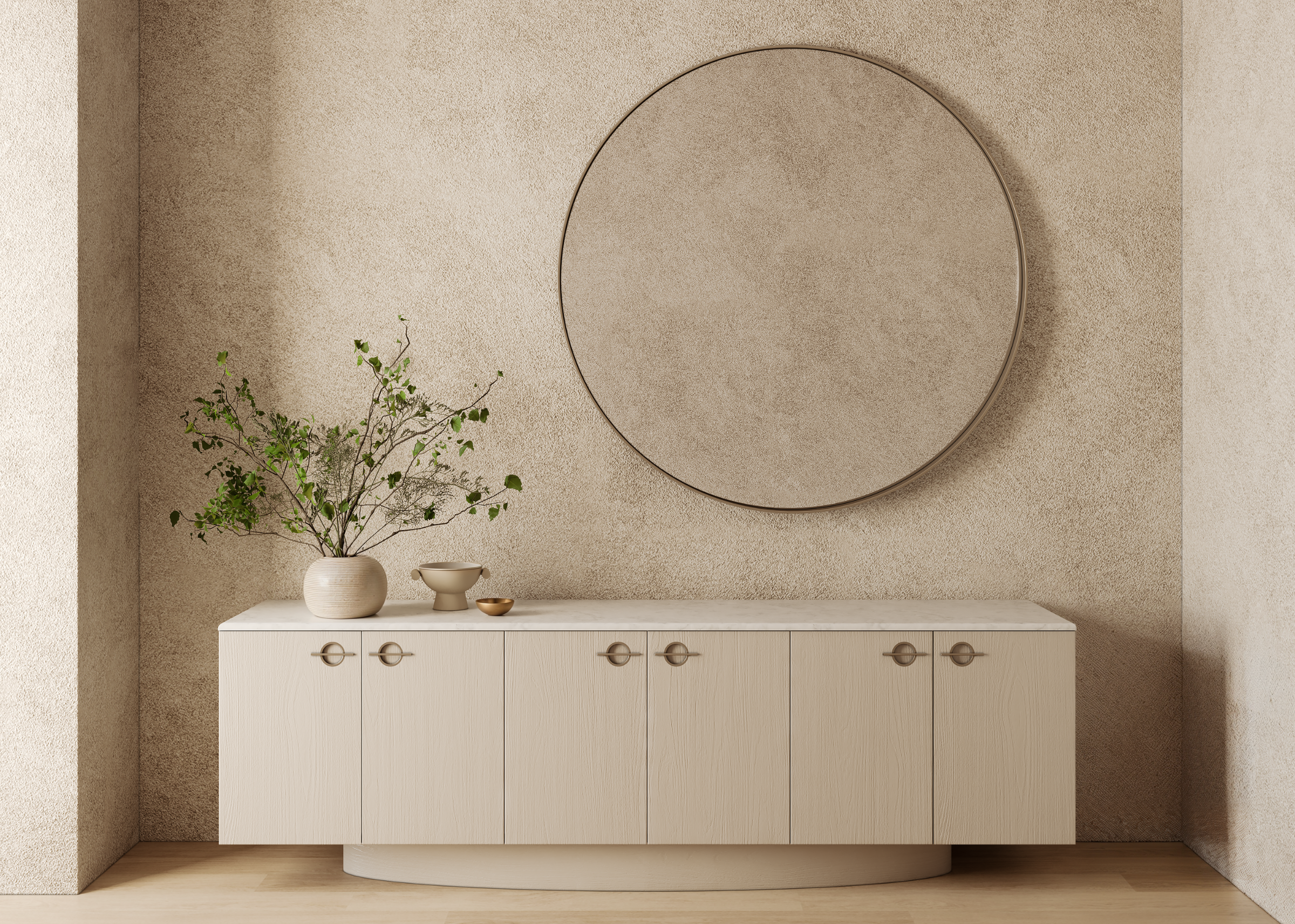 Buffet moderno com tampo em mármore Calacata, seis portas e estrutura off-white. Design sofisticado e funcional, ideal para ambientes elegantes.