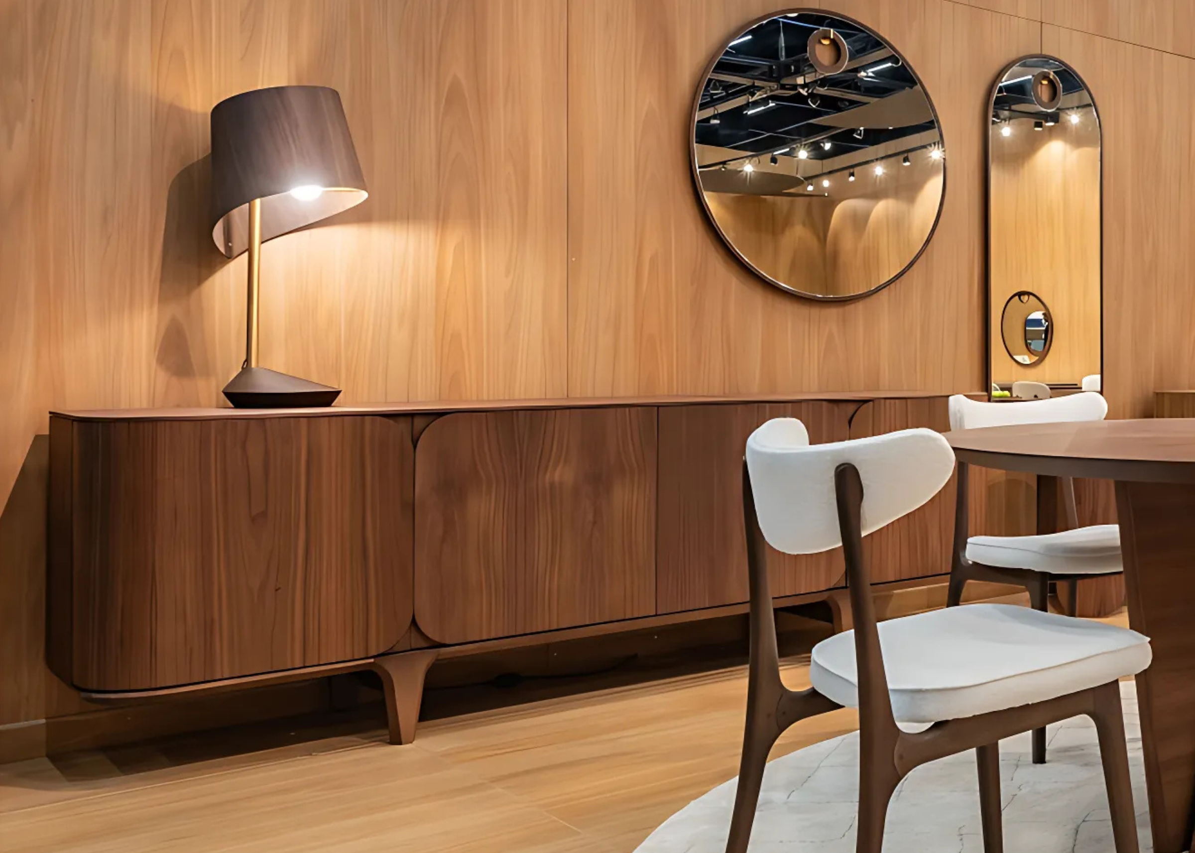 Buffet Roma com acabamento em lâmina natural de madeira. Móvel elegante e versátil para ambientes sofisticados.