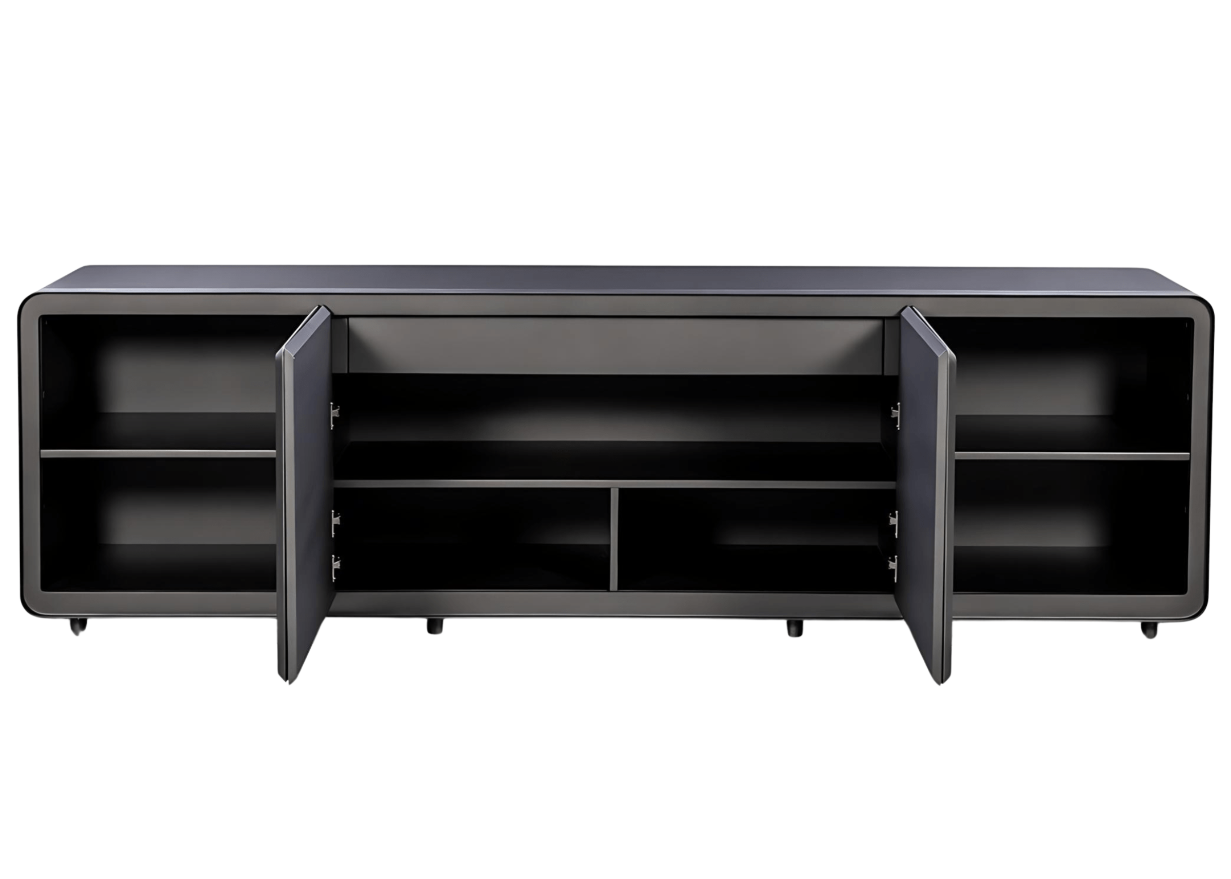 Buffet Royal com acabamento laqueado, quatro portas e gavetas internas, design moderno e sofisticado, ideal para compor a decoração de salas de jantar elegantes.