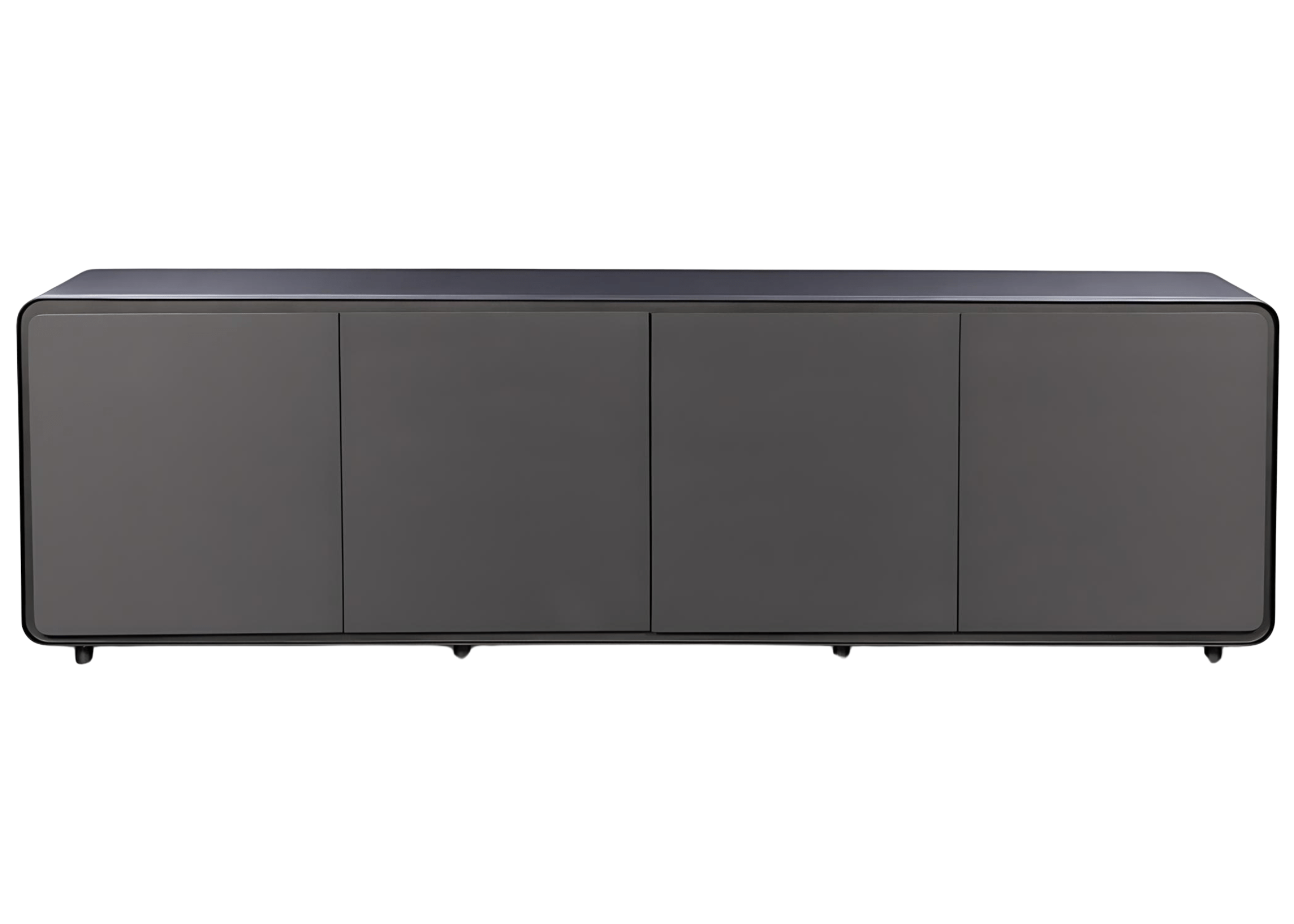 Buffet Royal com quatro portas, acabamento laqueado em cinza e cantos curvos, design elegante e contemporâneo, ideal para salas de jantar sofisticadas.