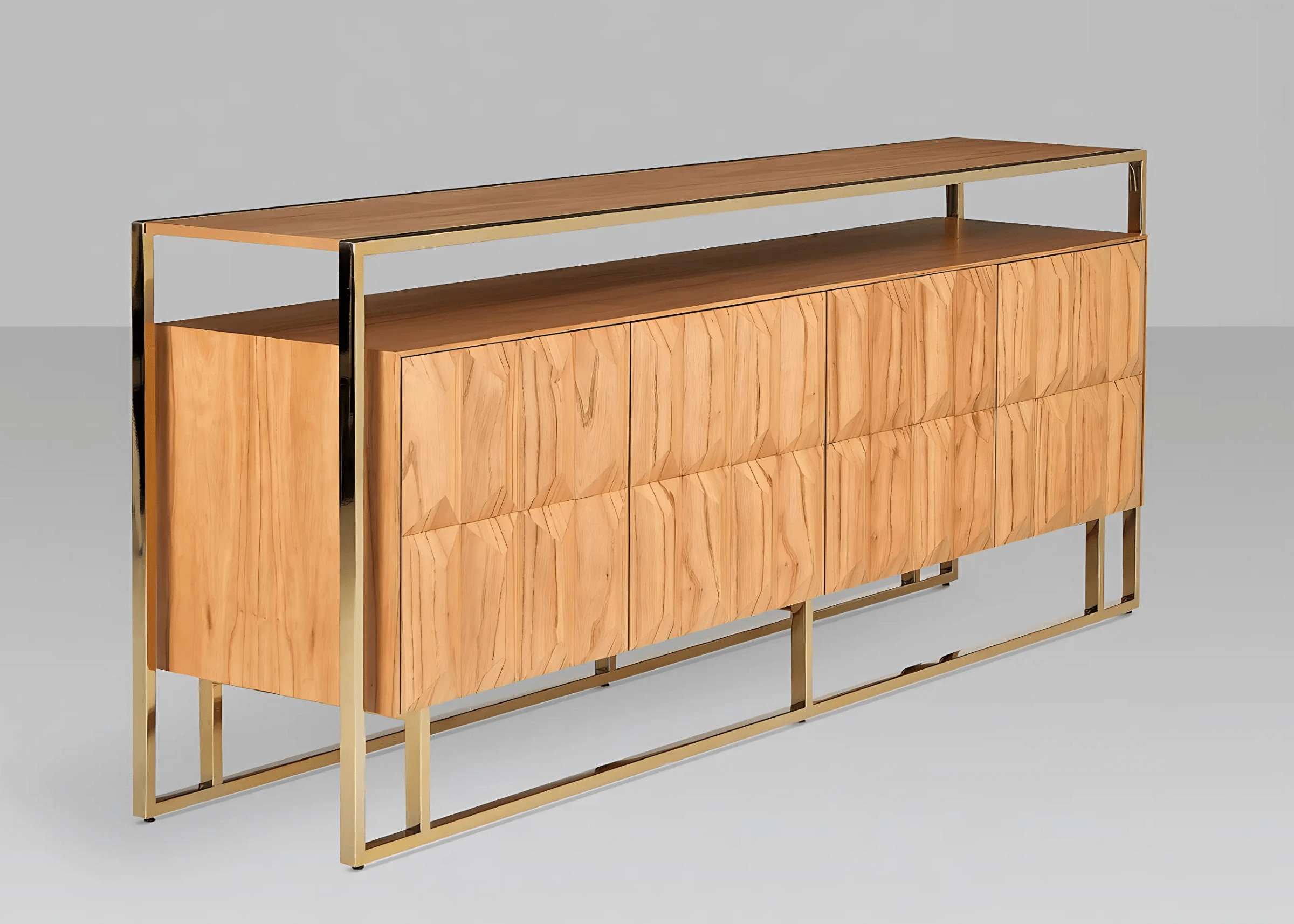 Buffet Sense com detalhes e base metálica dourada, design moderno e elegante, ideal para compor salas de jantar sofisticadas.