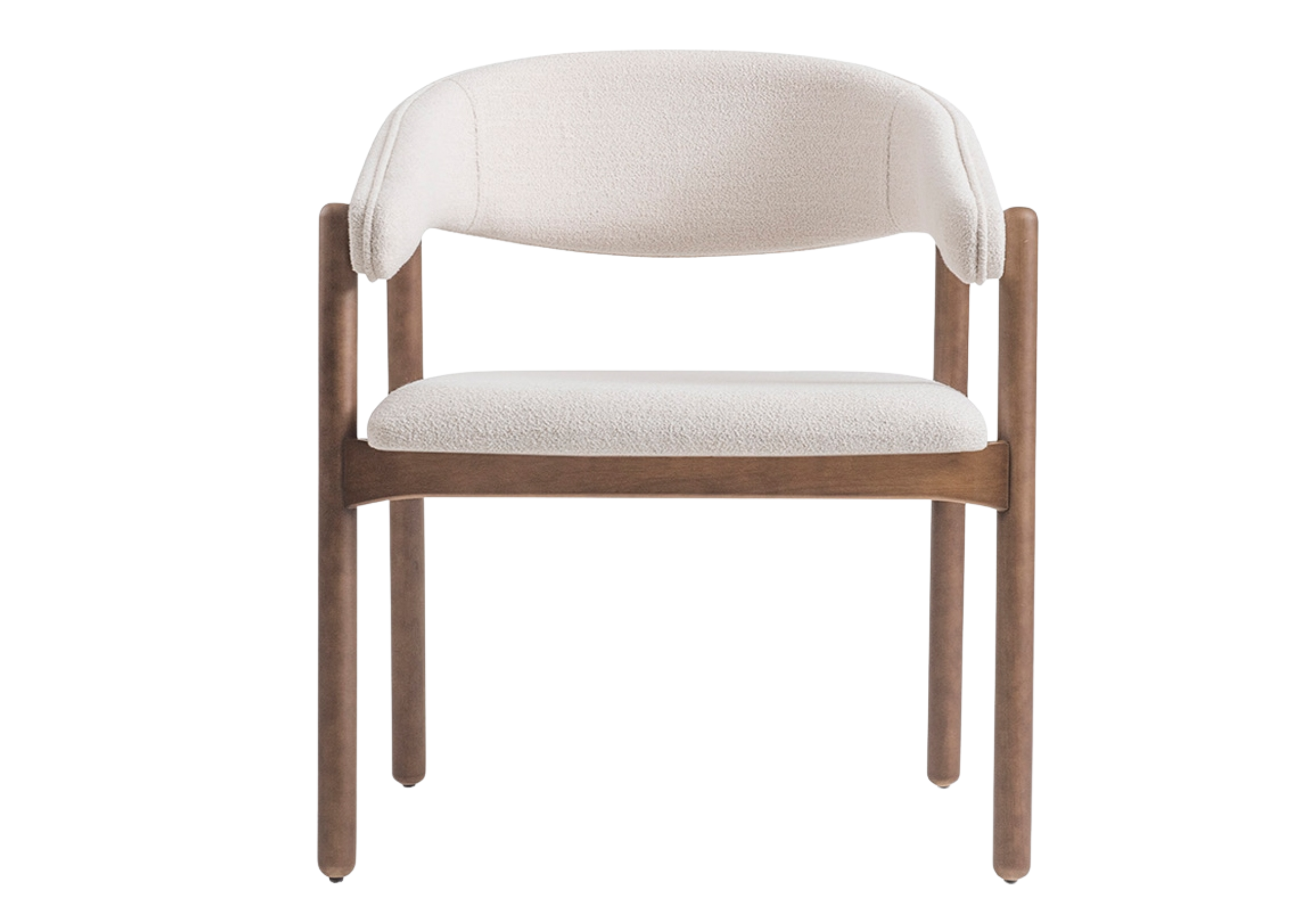 Cadeira Abel com revestimento em boucle off white e base em madeira nogueira, apresentando design elegante e sofisticado, ideal para compor ambientes modernos e acolhedores.
