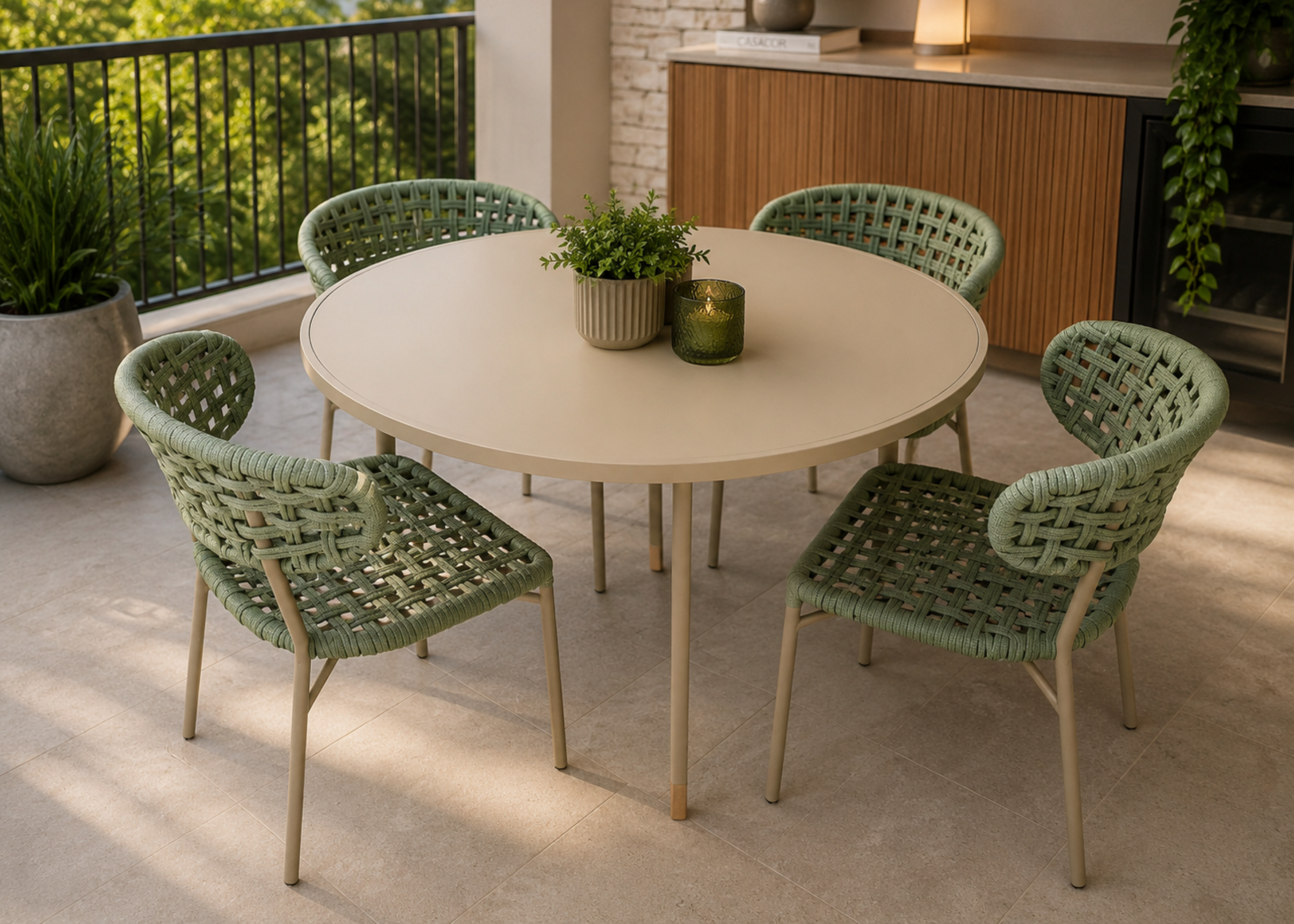 Cadeira para área externa Breeze com assento e encosto em corda náutica e estrutura em alumínio, ideal para compor espaços externos elegantes.