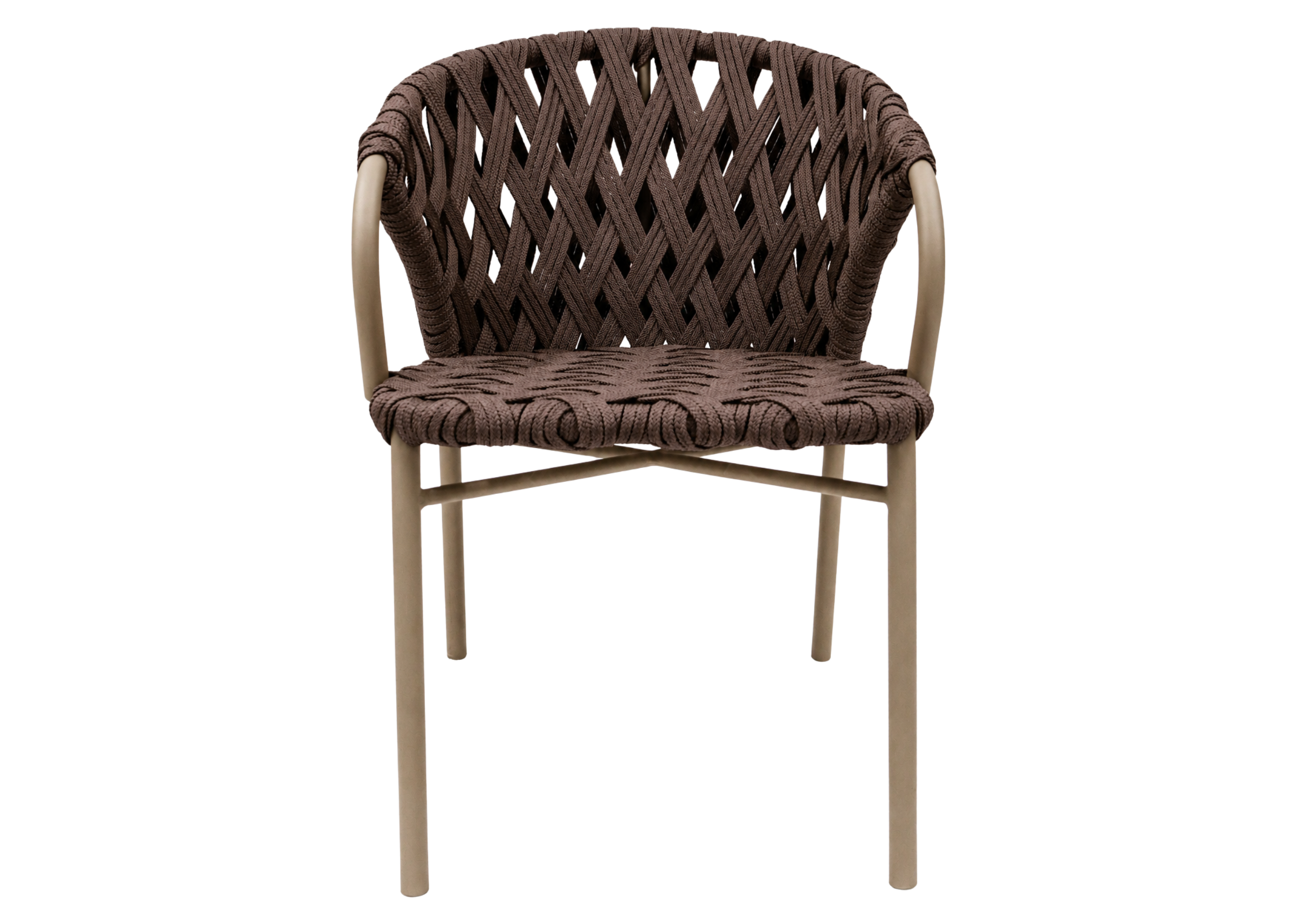 Cadeira para área externa Manhattan com base e braços em alumínio e acabamento em corda náutica, ideal para compor espaços externos elegantes.