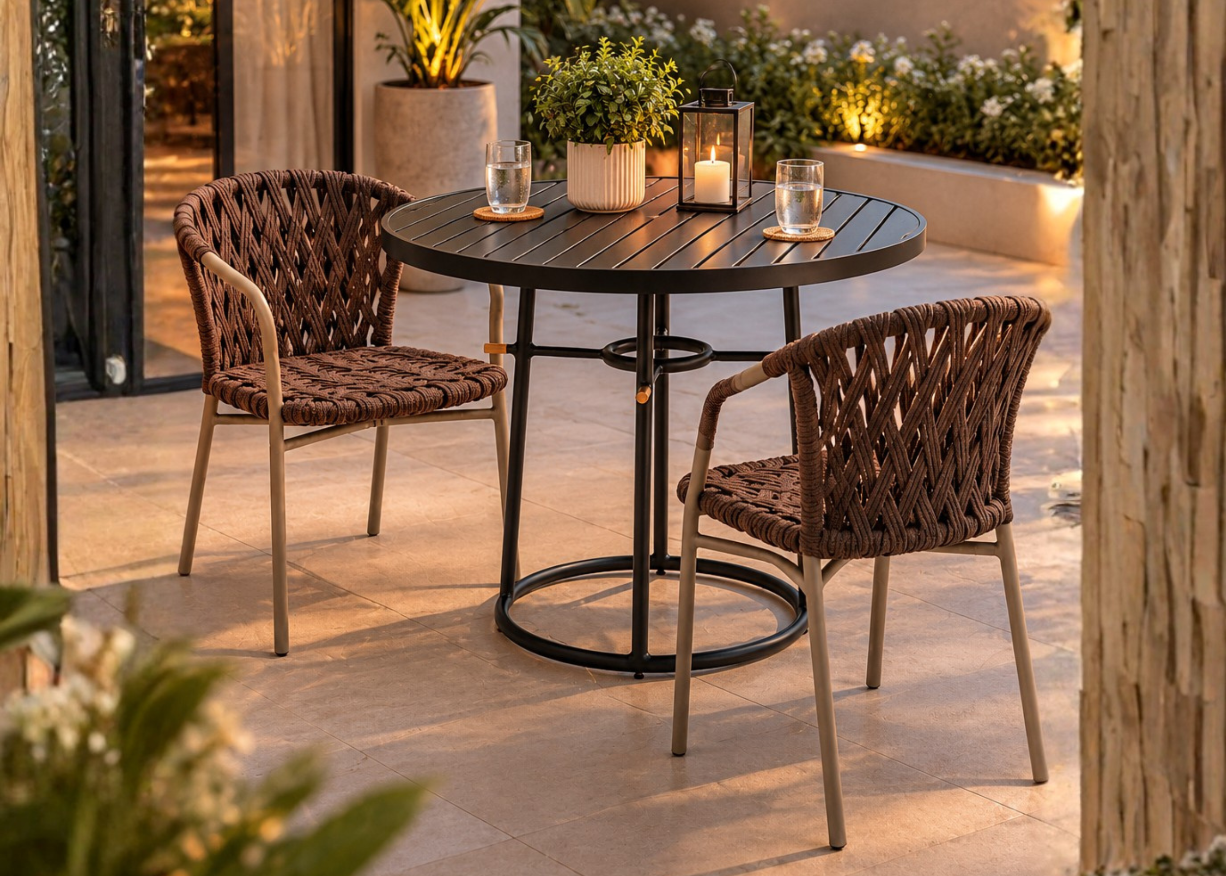 Cadeira para área externa modelo Manhattan com estrutura em alumínio e acabamento em corda náutica, apresentando design moderno e sofisticado, ideal para compor ambientes externos elegantes.