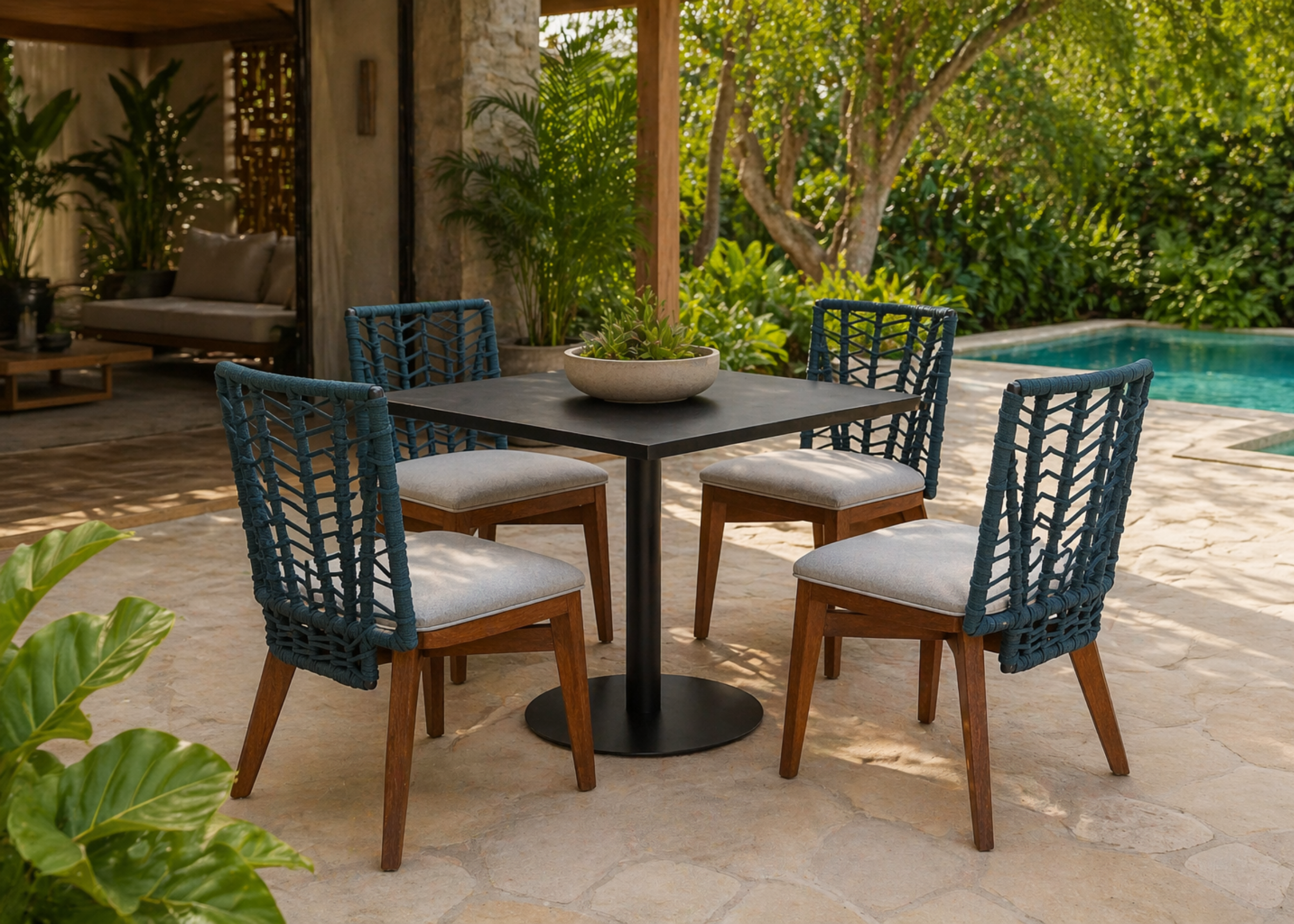 Cadeira para área externa Ventania com design moderno, estrutura em cumaru e corda náutica, ideal para compor espaços externos sofisticados.