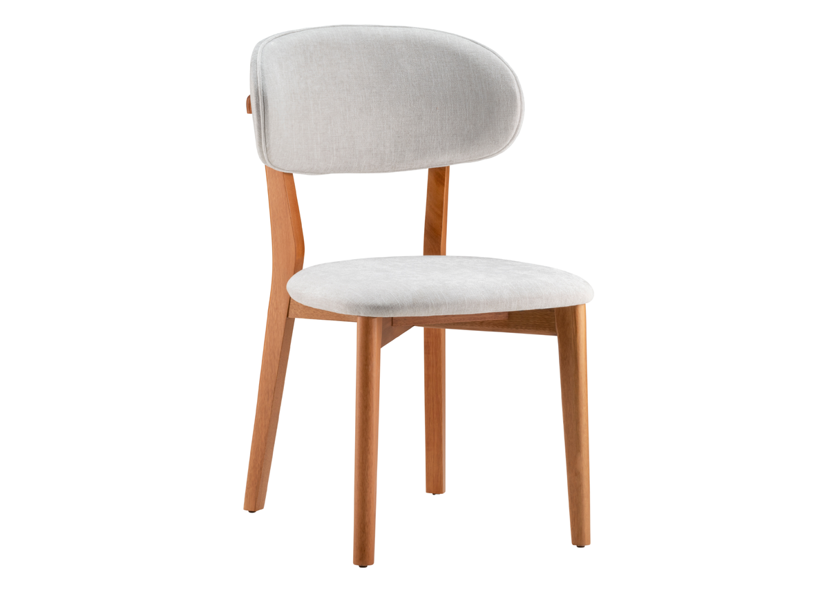 Cadeira Arizona com base em lâmina de madeira e revestimento em tecido cinza claro, apresentando design elegante e sofisticado, ideal para compor ambientes modernos e refinados.