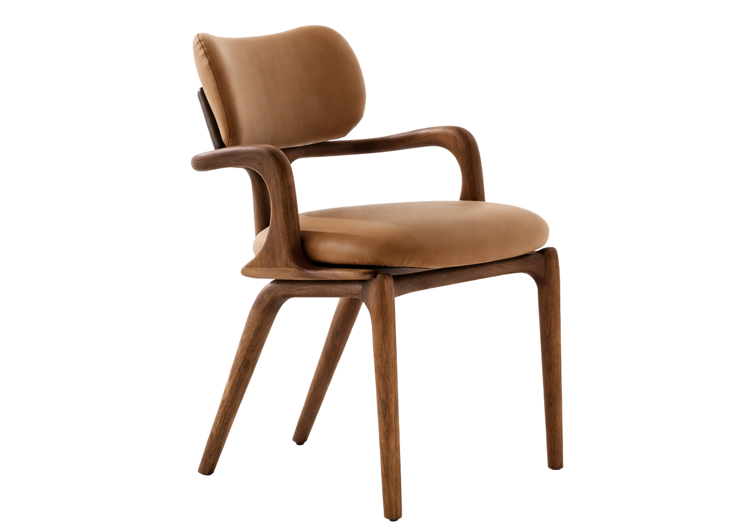 Cadeira Arko moderna com acabamento em madeira tingida e estofada em marrom, unindo elegância, conforto e design contemporâneo para ambientes sofisticados.