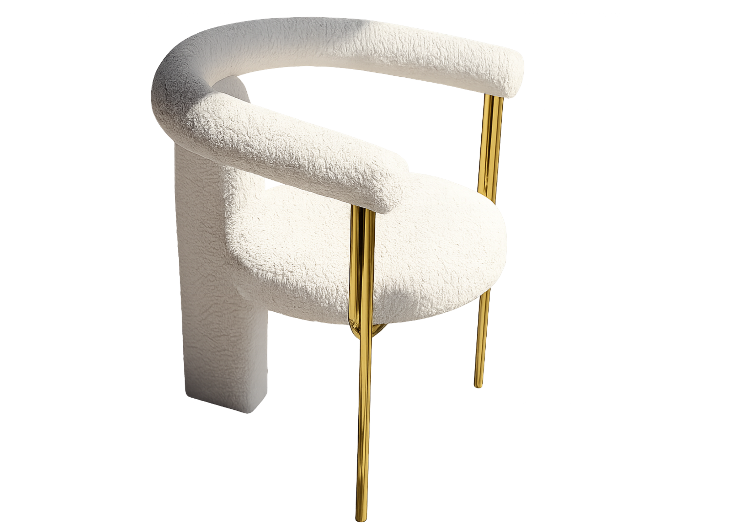 Cadeira Athos com estrutura em aço inox dourado e estofado bouclé claro, design contemporâneo e sofisticado para salas elegantes.