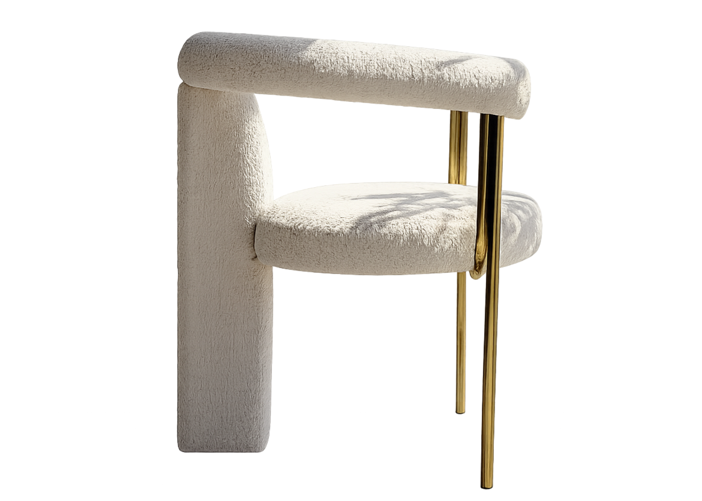 Cadeira Athos estofada com formas orgânicas e acabamento em aço inox gold, peça moderna para ambientes sofisticados.